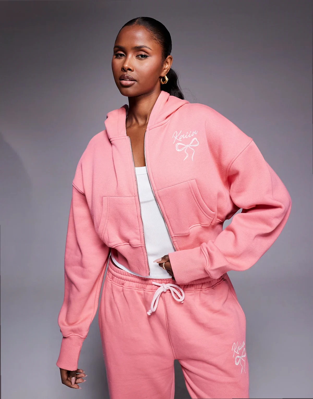 embroidered bow logo cropped zip up hoodie in coral and baby pink - part of a set