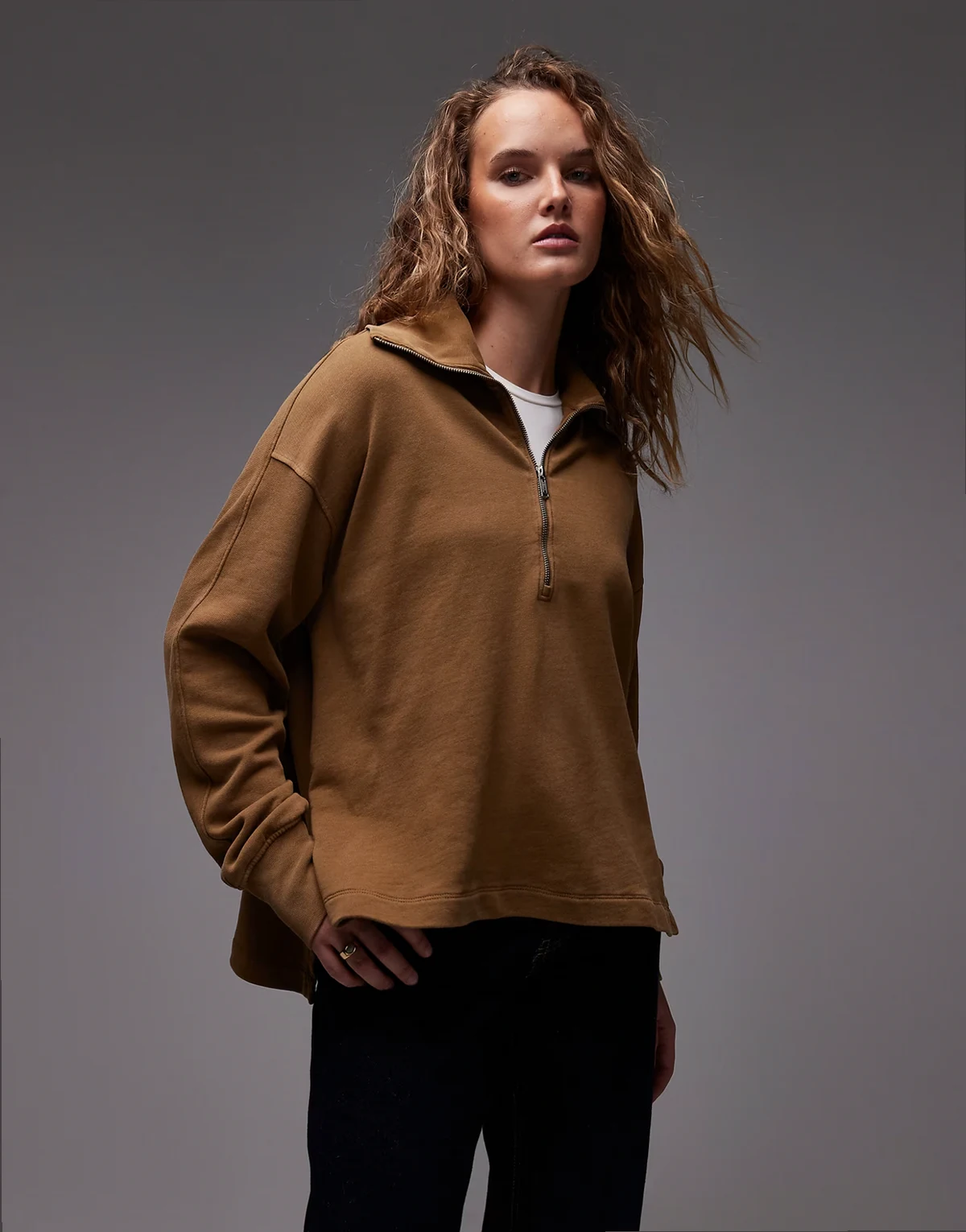 pure cotton half zip sweater in light brown
