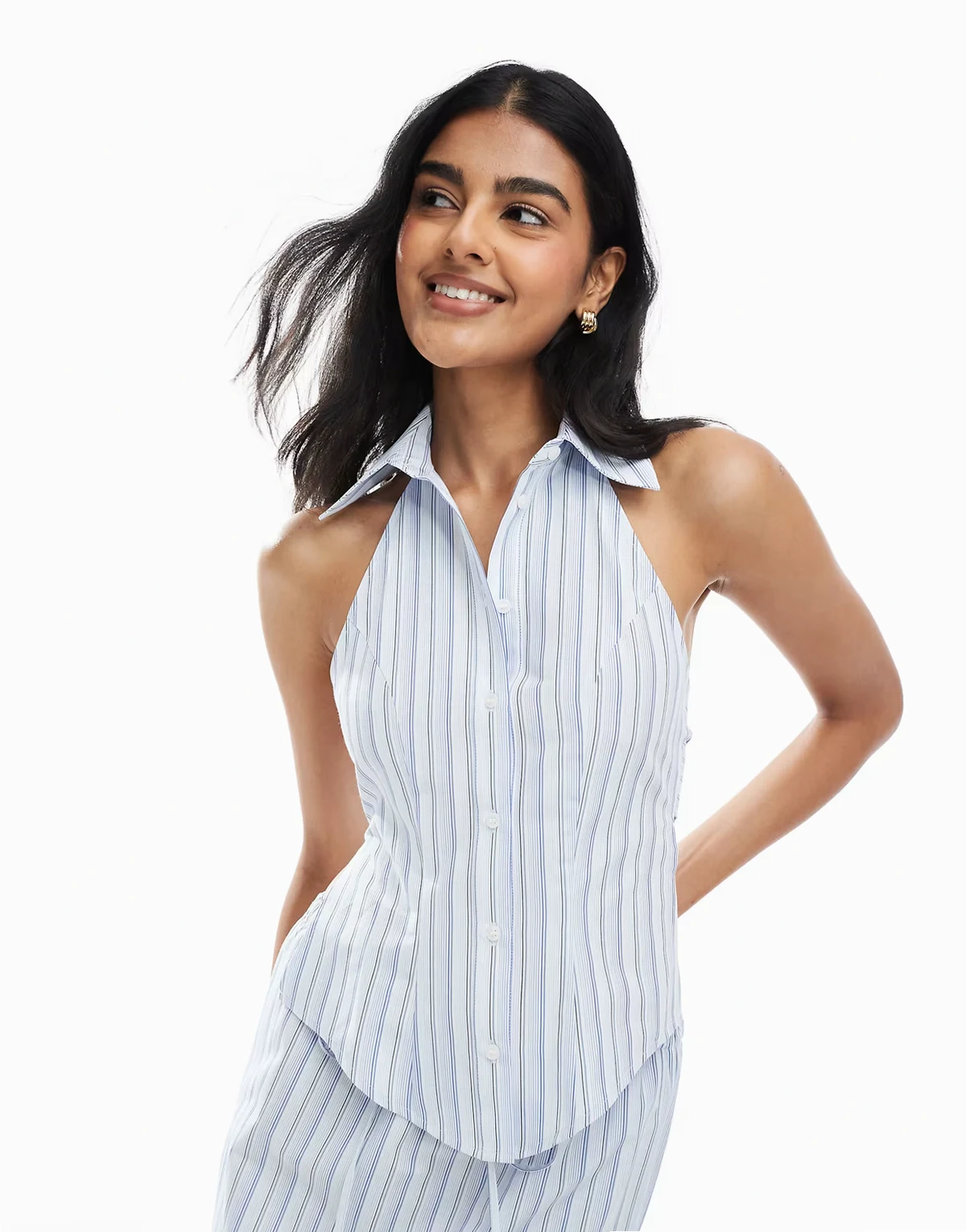 halterneck tie back sleeveless shirt in stripe - part of a set