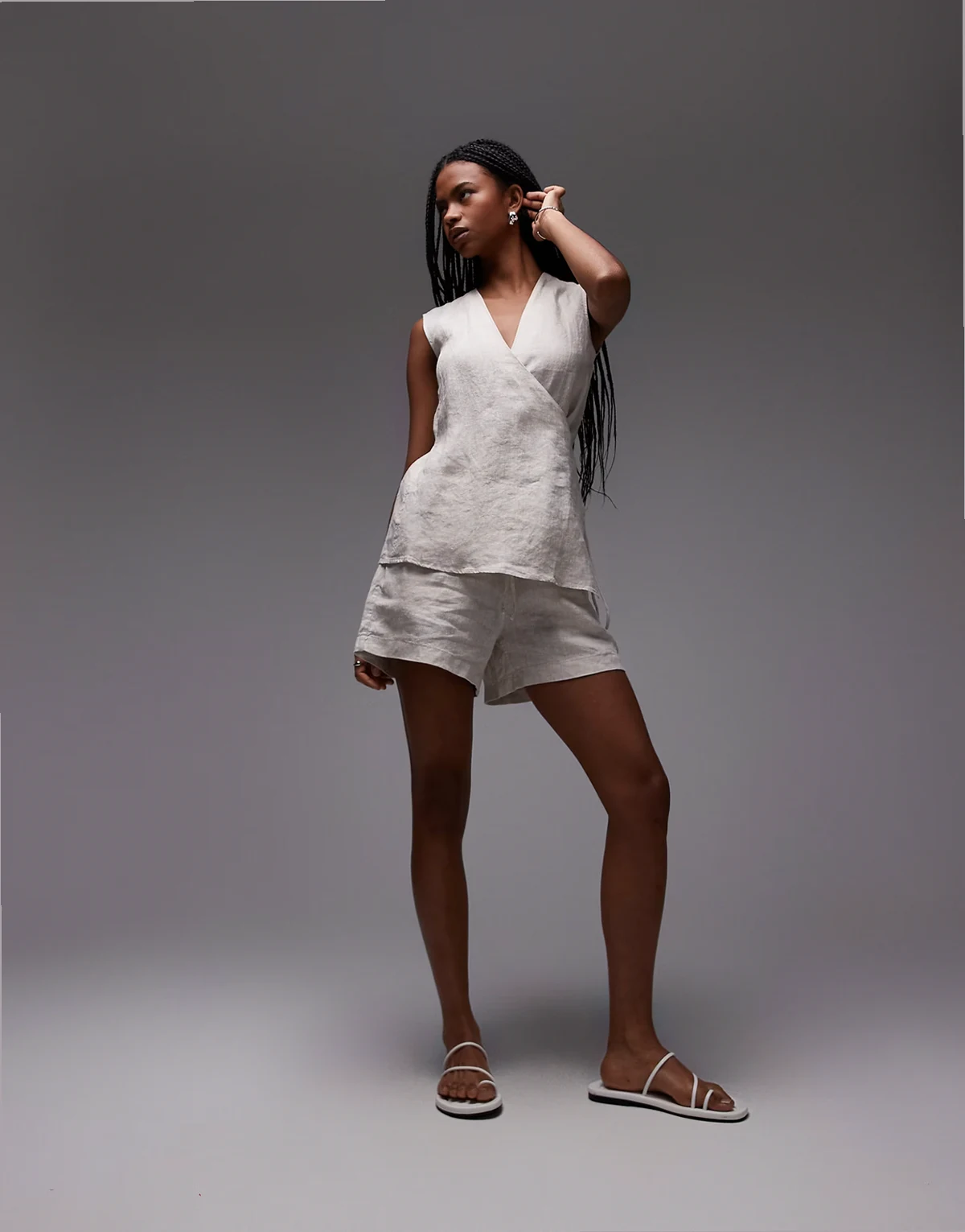 linen sleeveless shirt with tie wrap front in beige