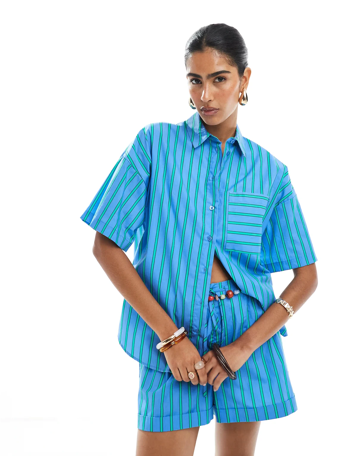 boxy fit striped shirt in blue and green stripes - part of a set