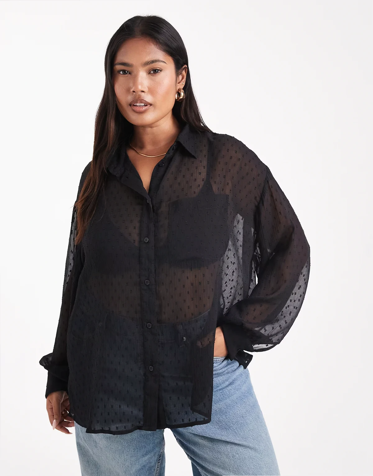 ASOS DESIGN Curve – Transparentes Hemd aus Dobby-Stoff in Schwarz