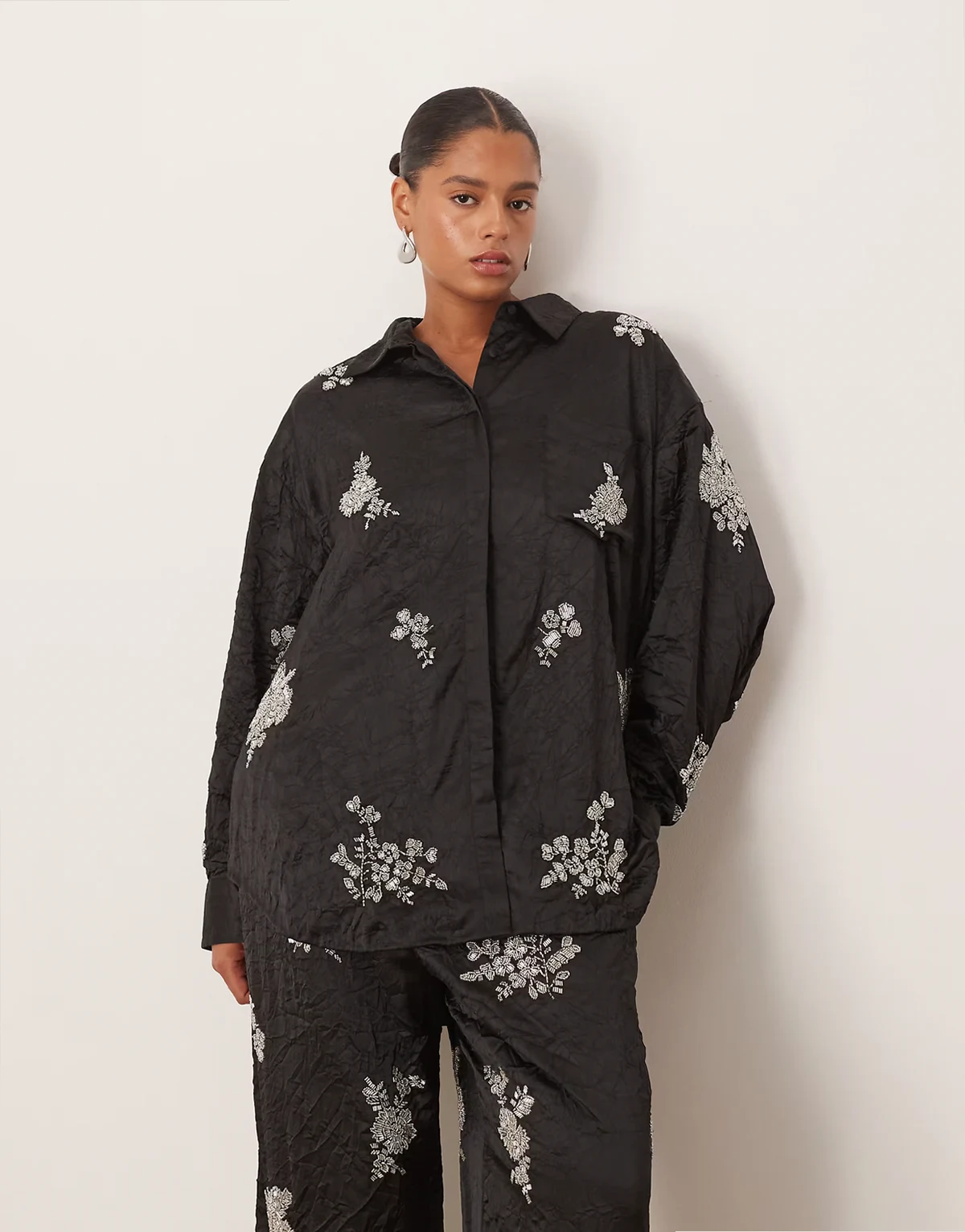 Curve crinkle satin floral embellished shirt in black - part of a set