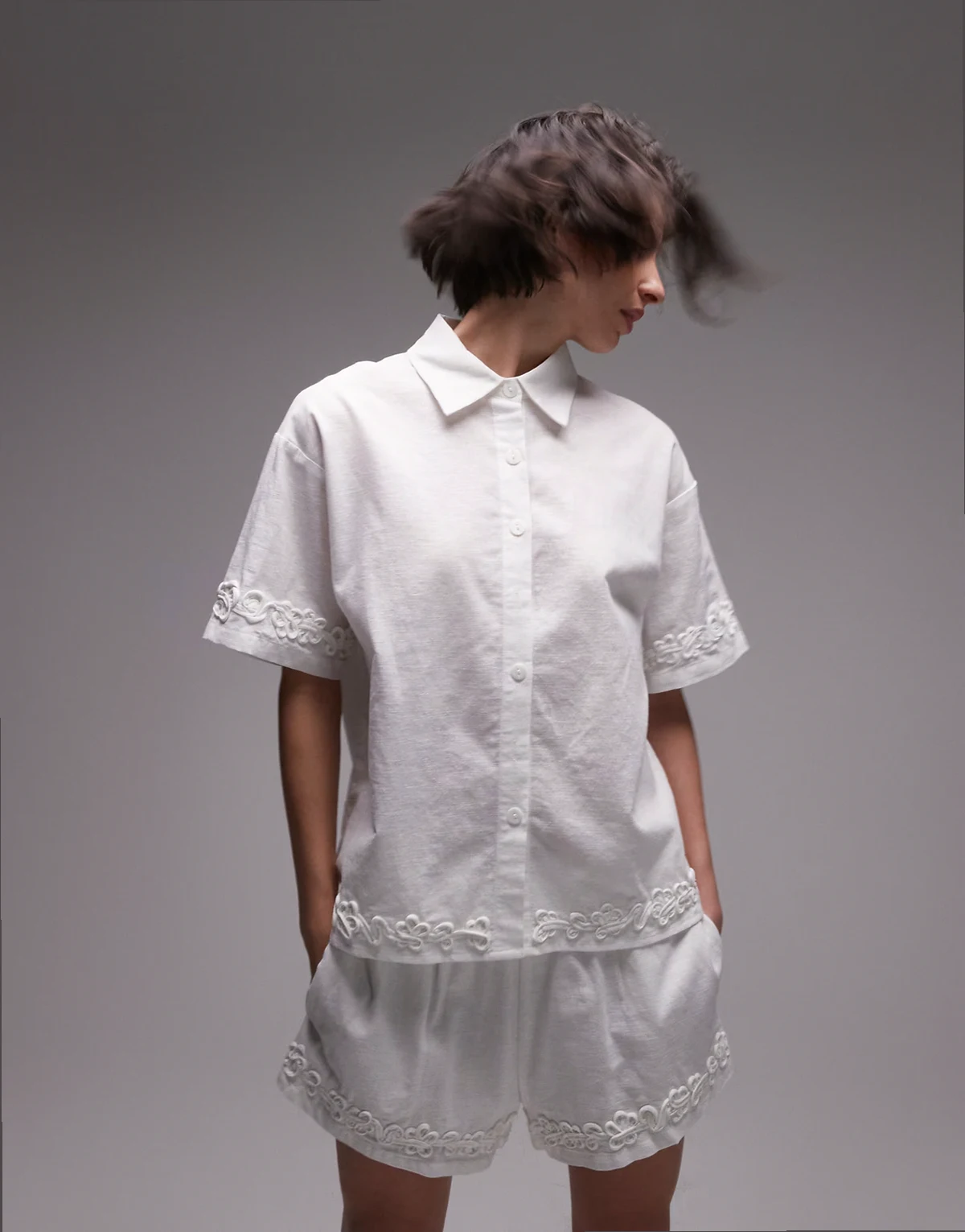 linen blend short sleeve flower applique detail shirt in white - part of a set