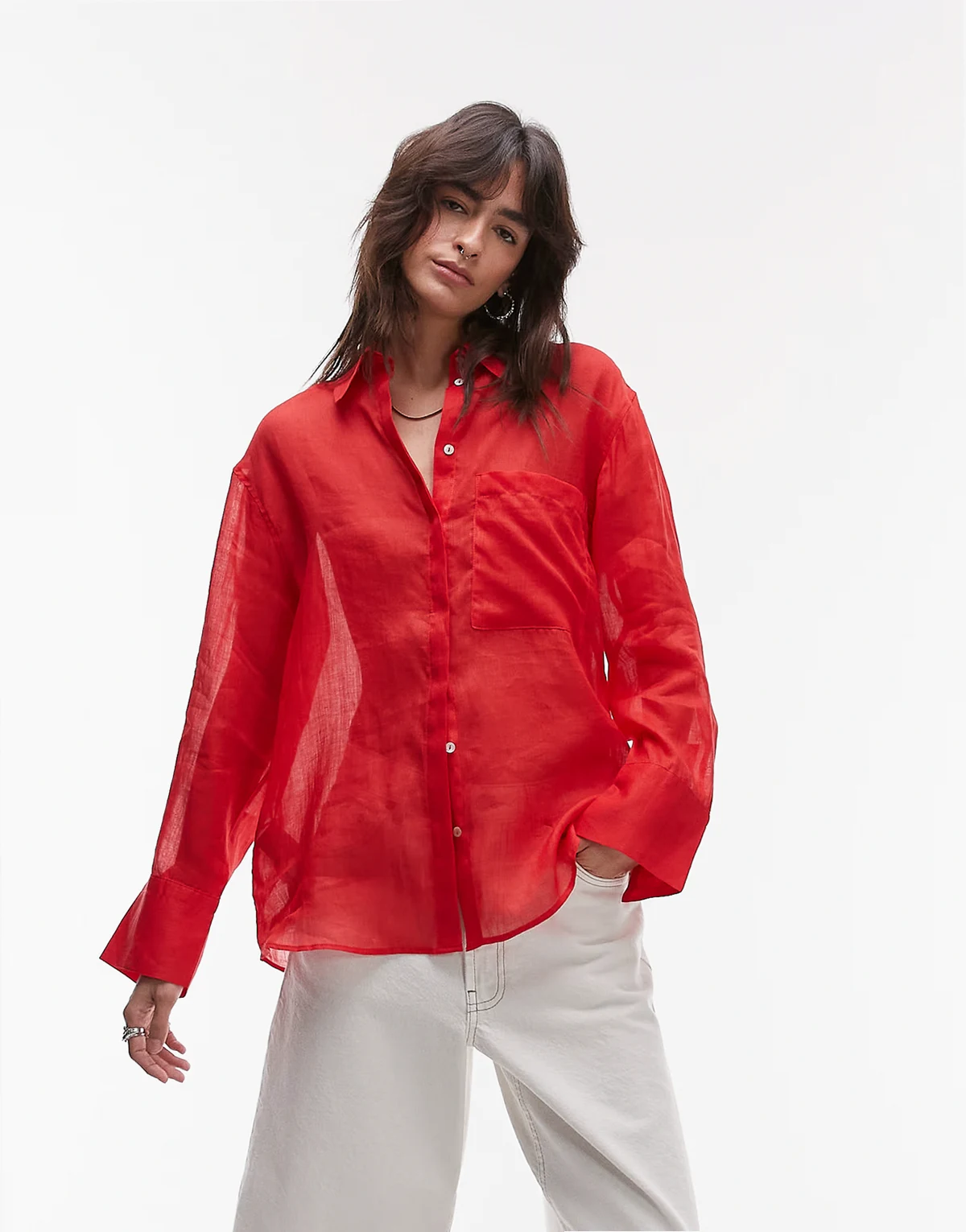 – Ramie – Leicht durchscheinendes, langärmliges Hemd in Rot
