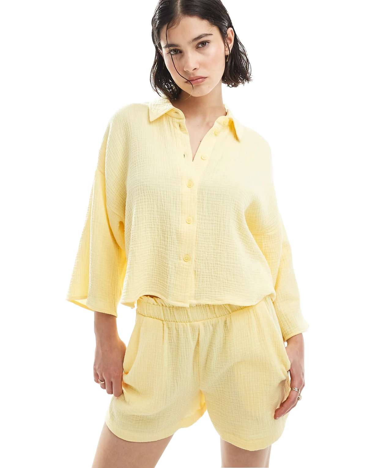 textured cropped shirt in pale yellow - part of a set