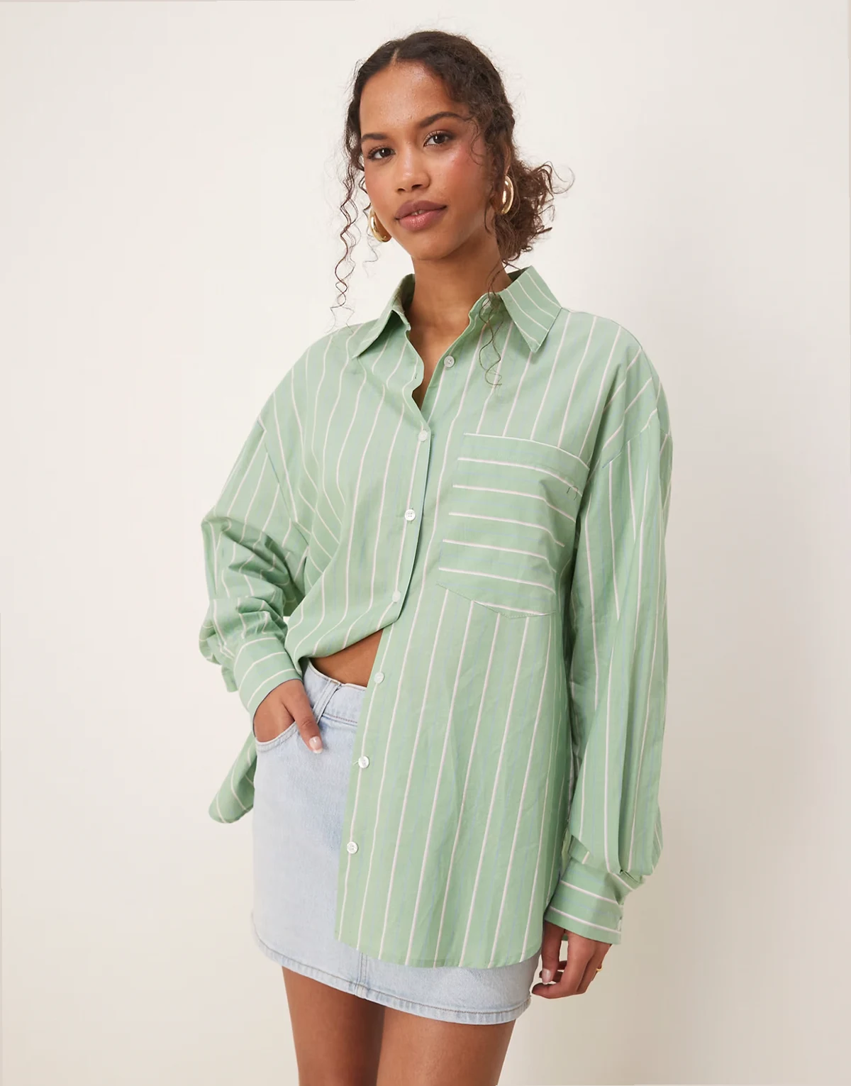 oversized shirt in green and white stripe print