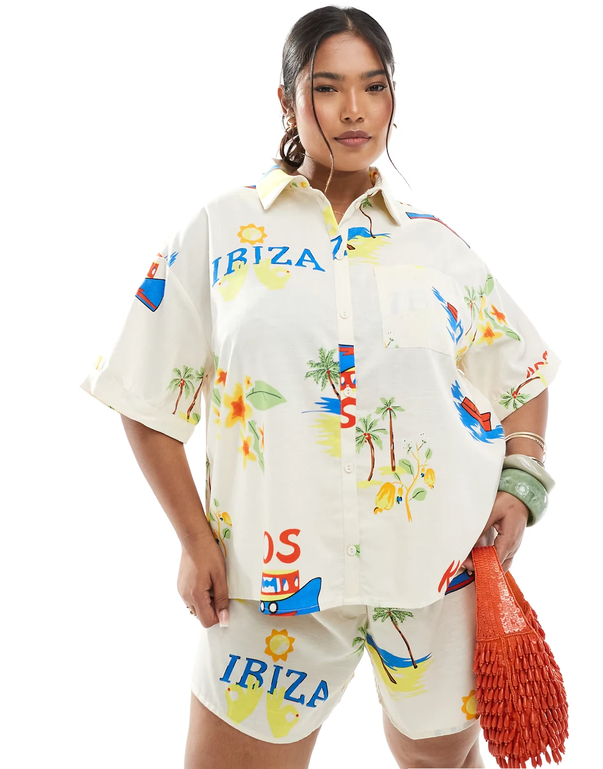 Pieces Curve boxy fit shirt in cream based conversational print - part of a set