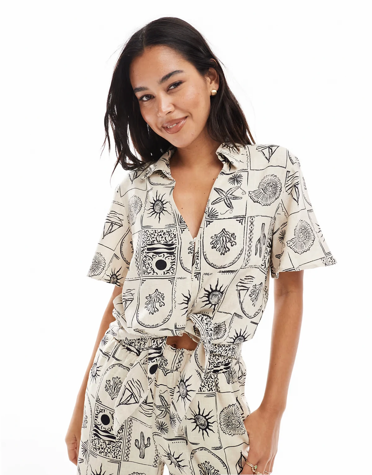 tie front shirt in mono shell print - part of a set