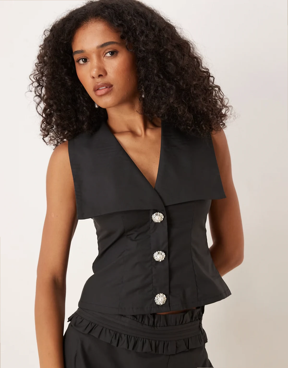 open collar rhinestone vest in black - part of a set
