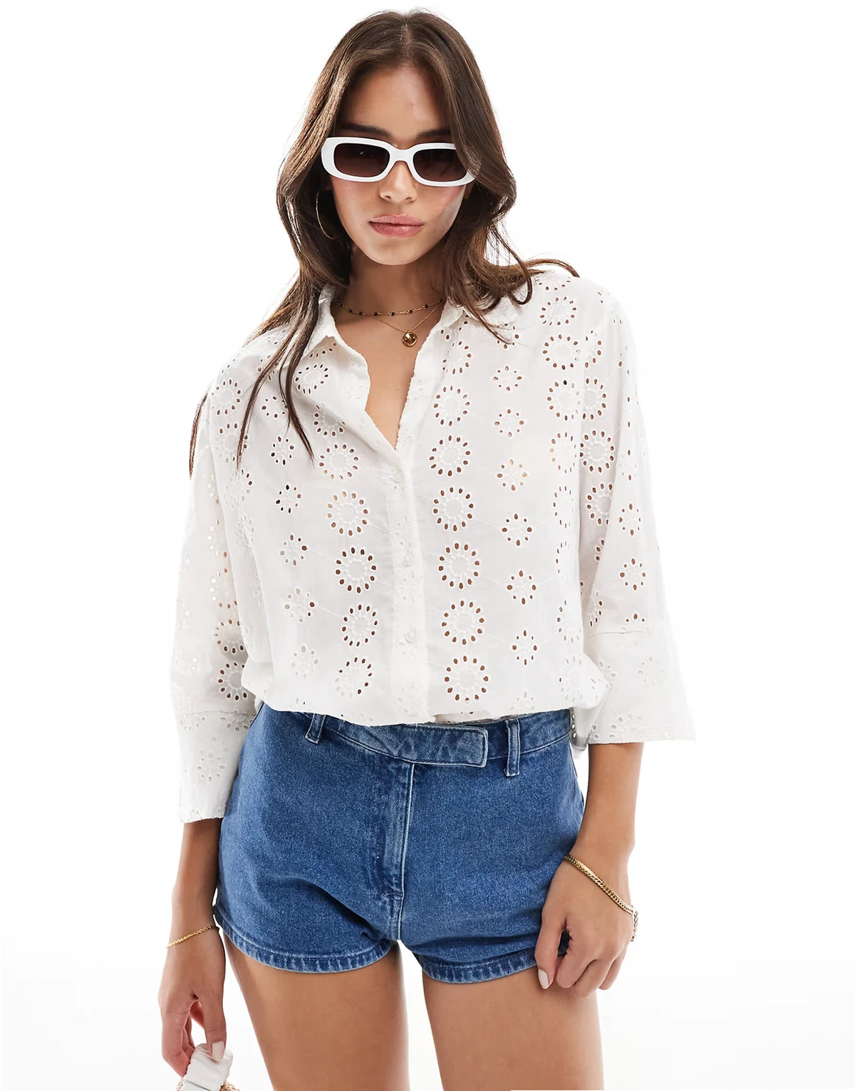 pointelle 3/4 sleeve shirt in off white