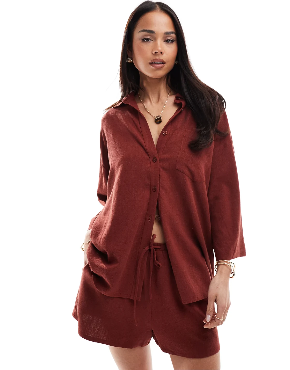beach linen blend wide sleeve shirt in rust - part of a set
