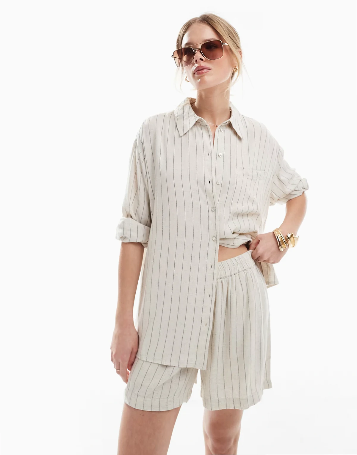 linen mix shirt in birch cream and black stripe - part of a set