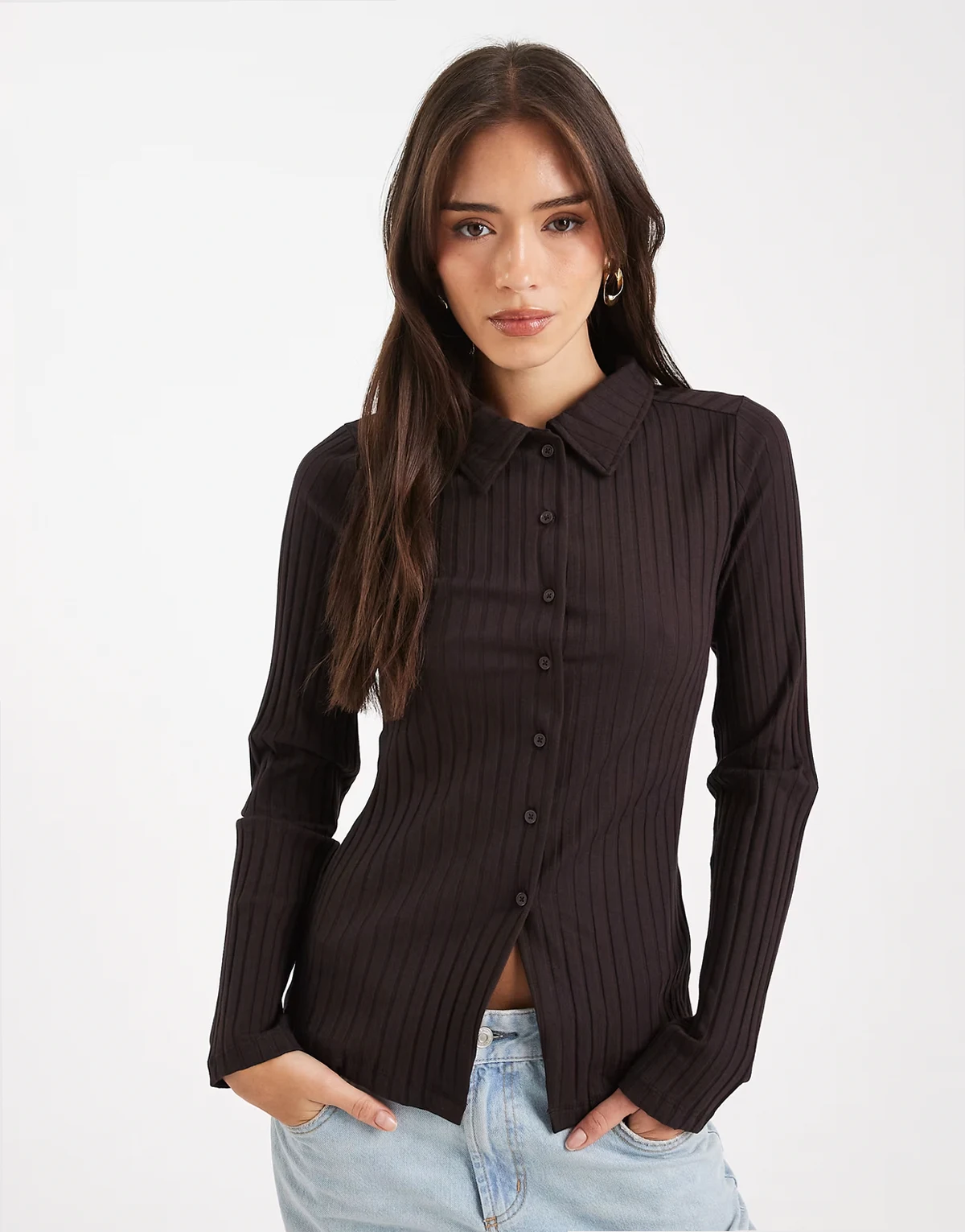 rib collar detail shirt in chocolate
