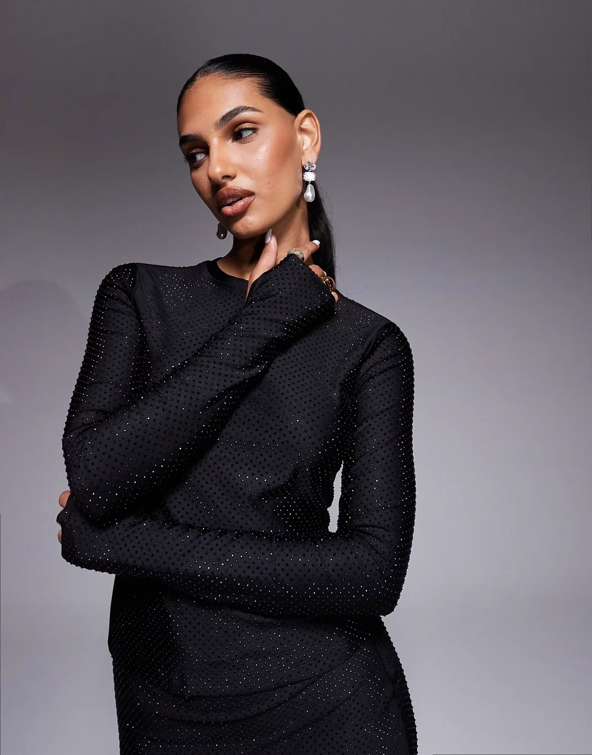 rhinestone long sleeve thumbhole detail top in black - part of a set
