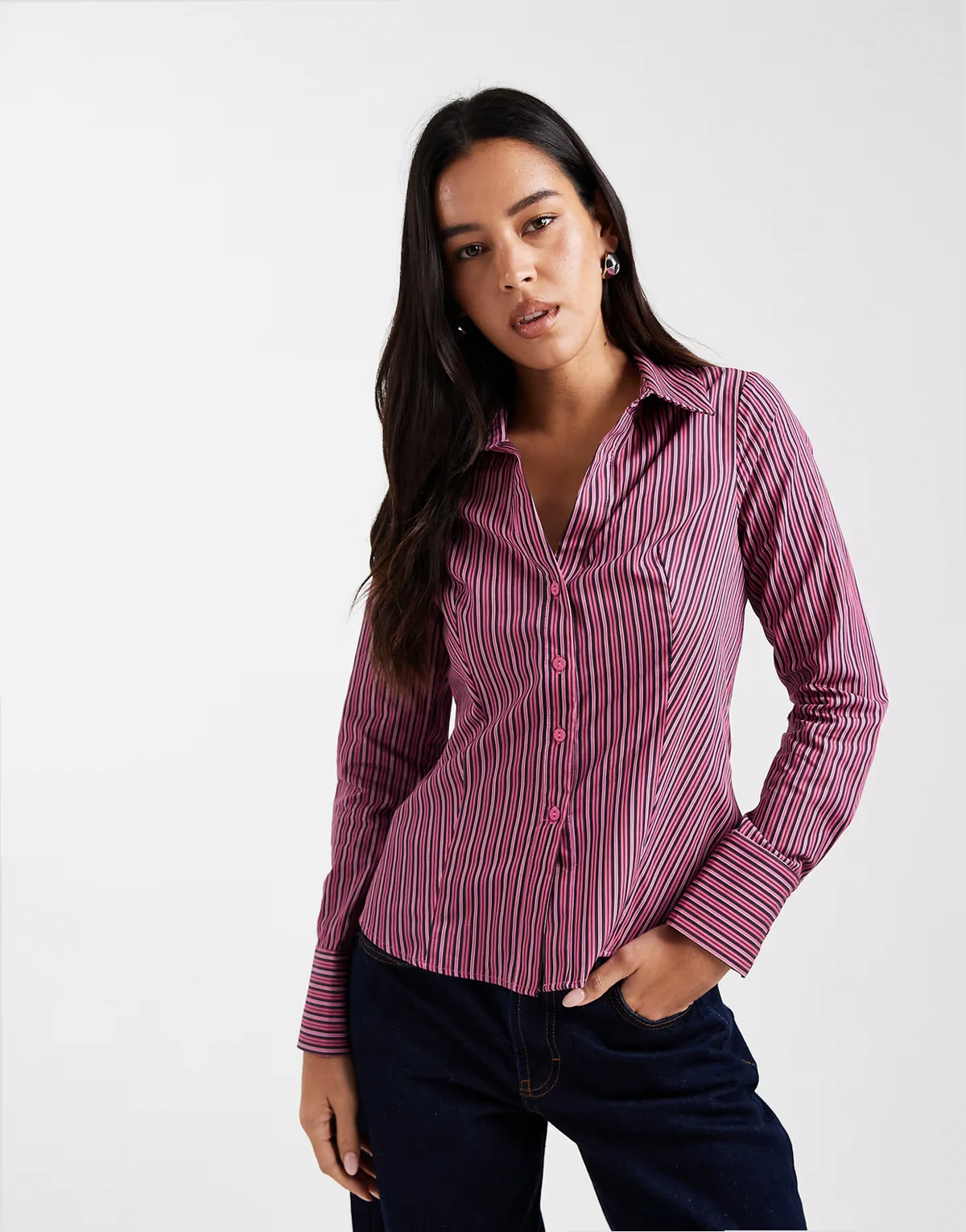 poplin fitted shirt in fig and pink stripes