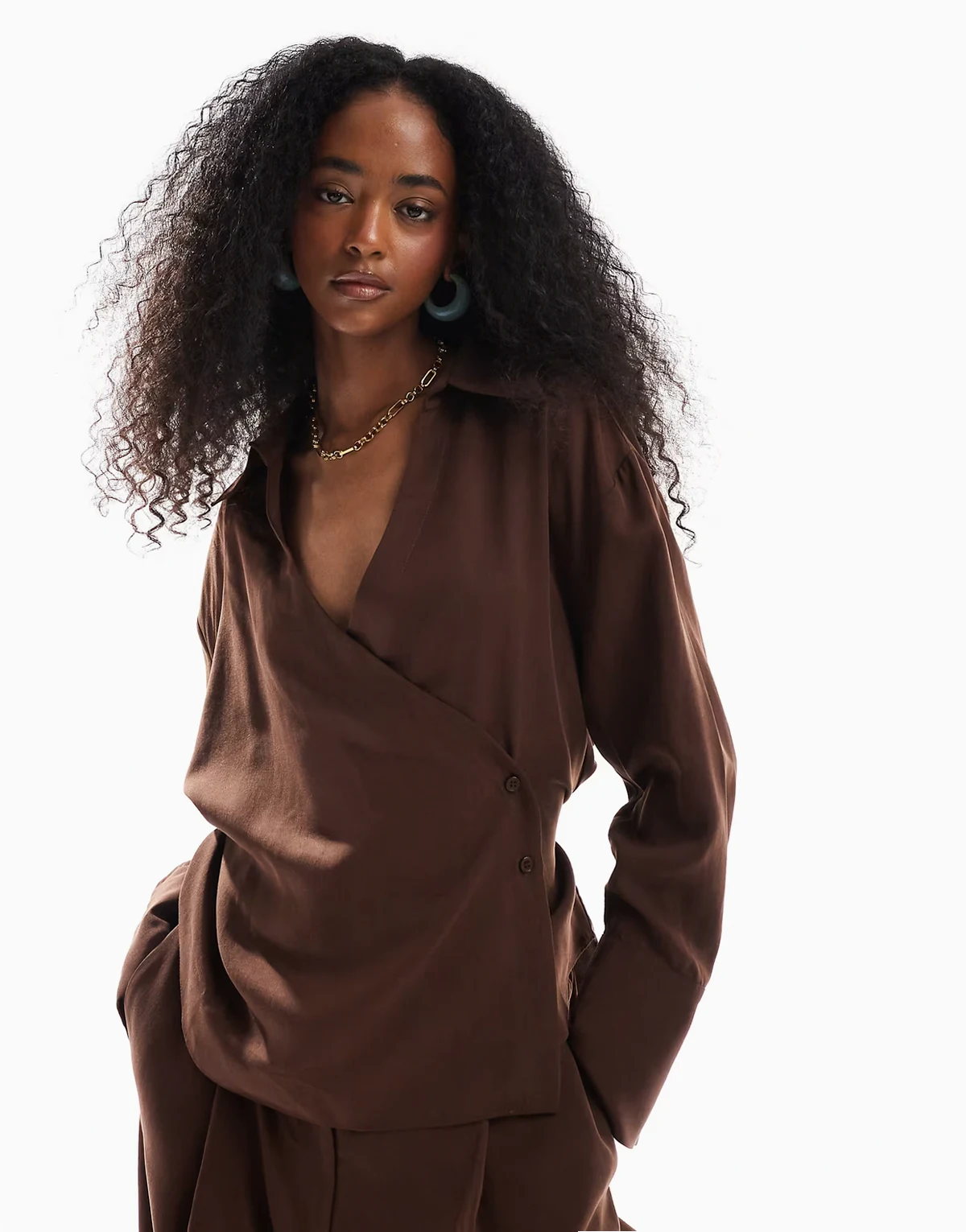 lyocell wrap tie detail shirt in chocolate - part of a set