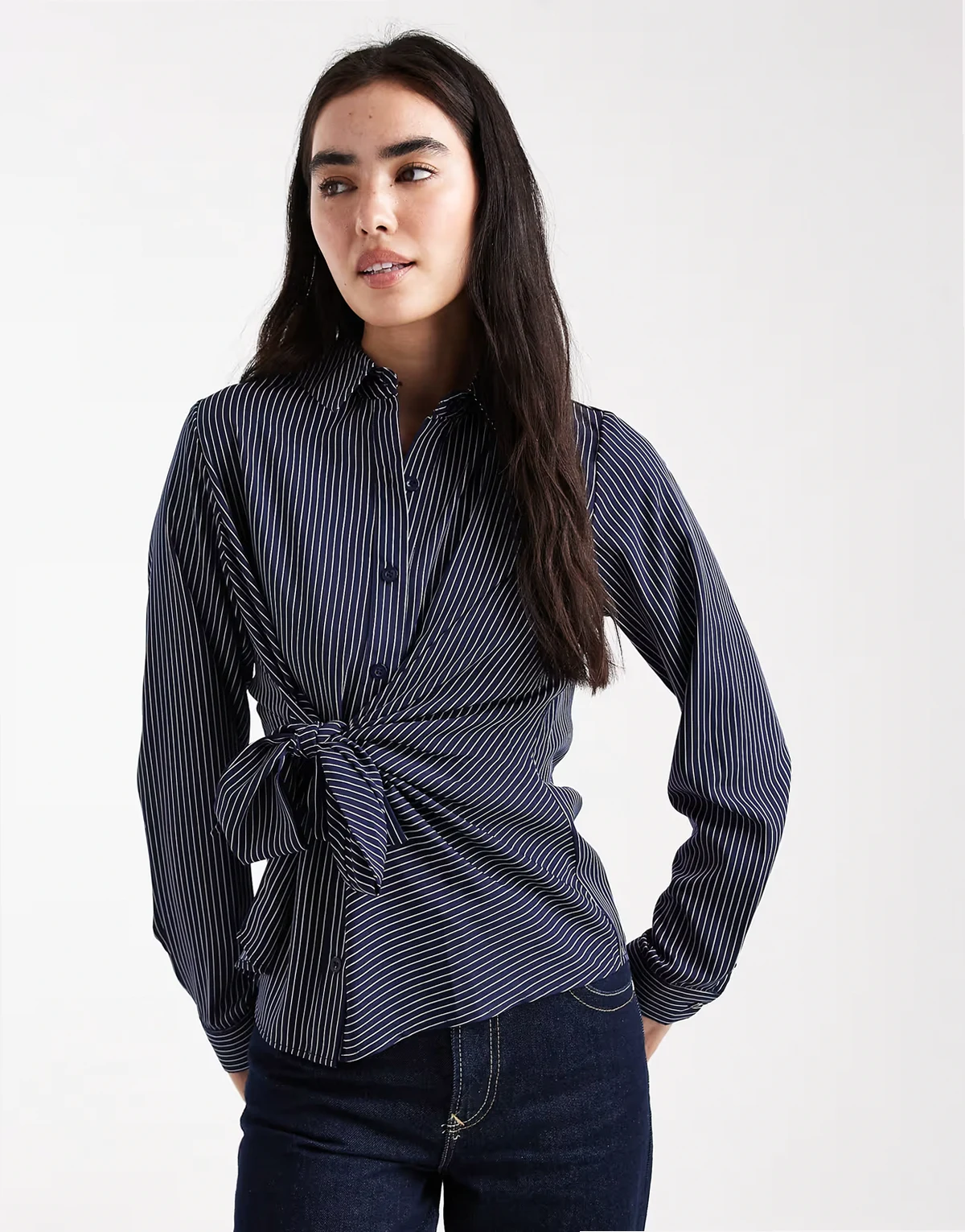 button down shirt with tie front detail in navy stripes