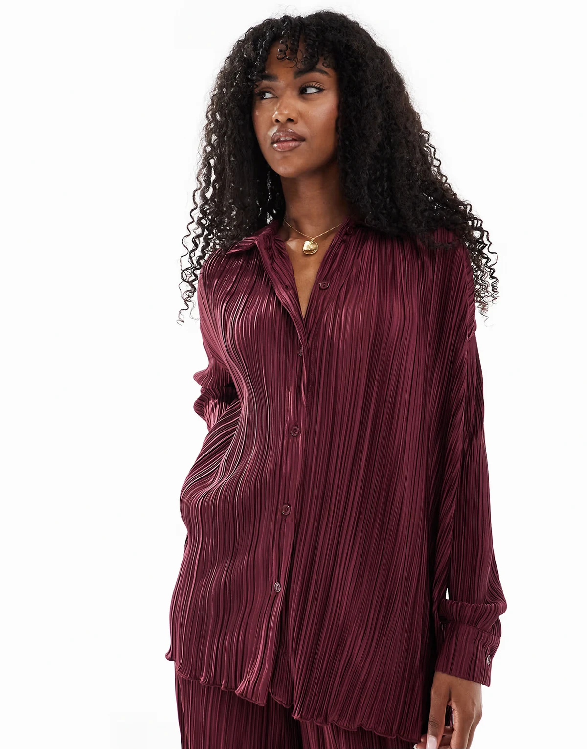 plisse collared button up lettuce edge hem shirt in burgundy - part of a set