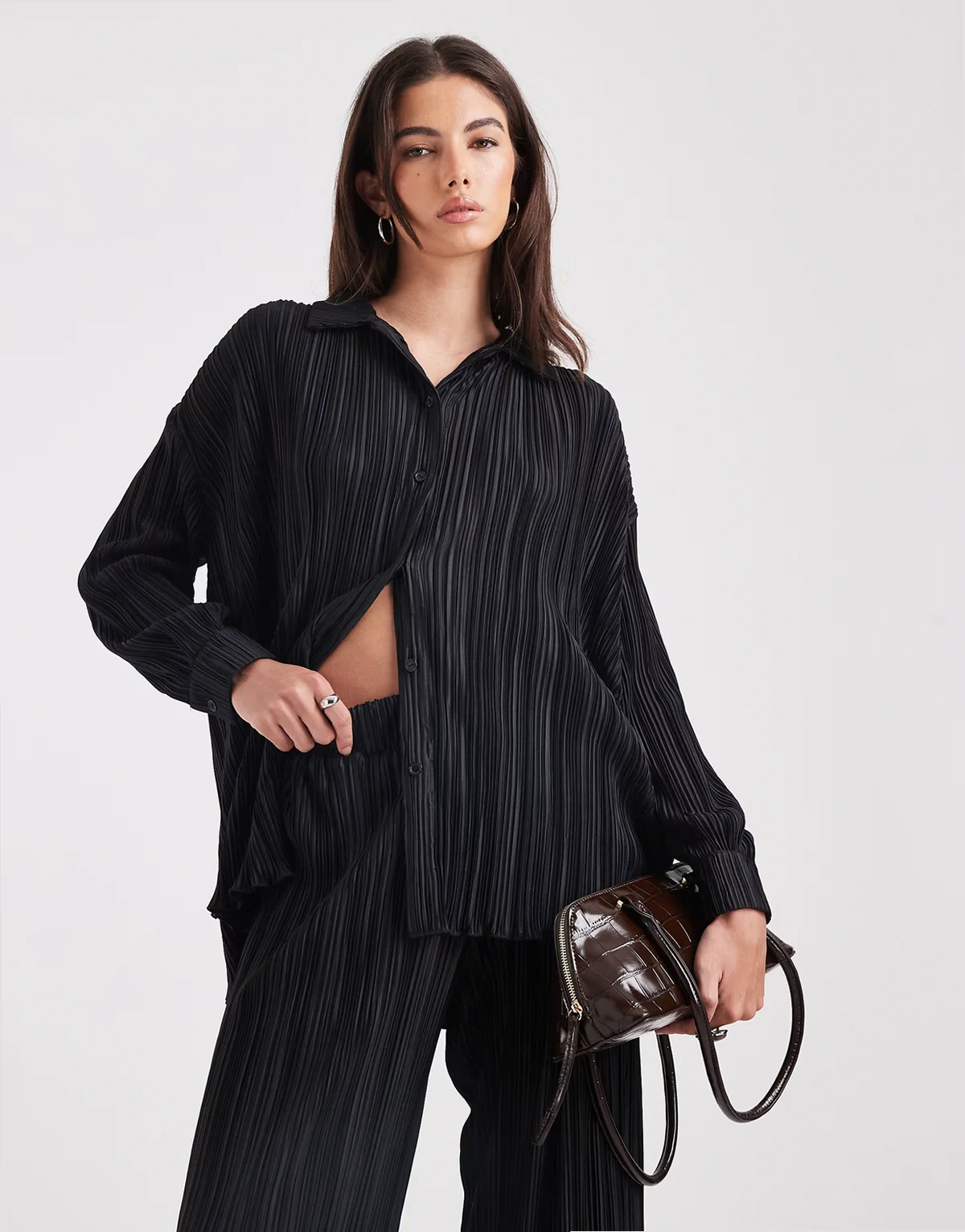 plisse collared button up lettuce edge hem shirt in black - part of a set