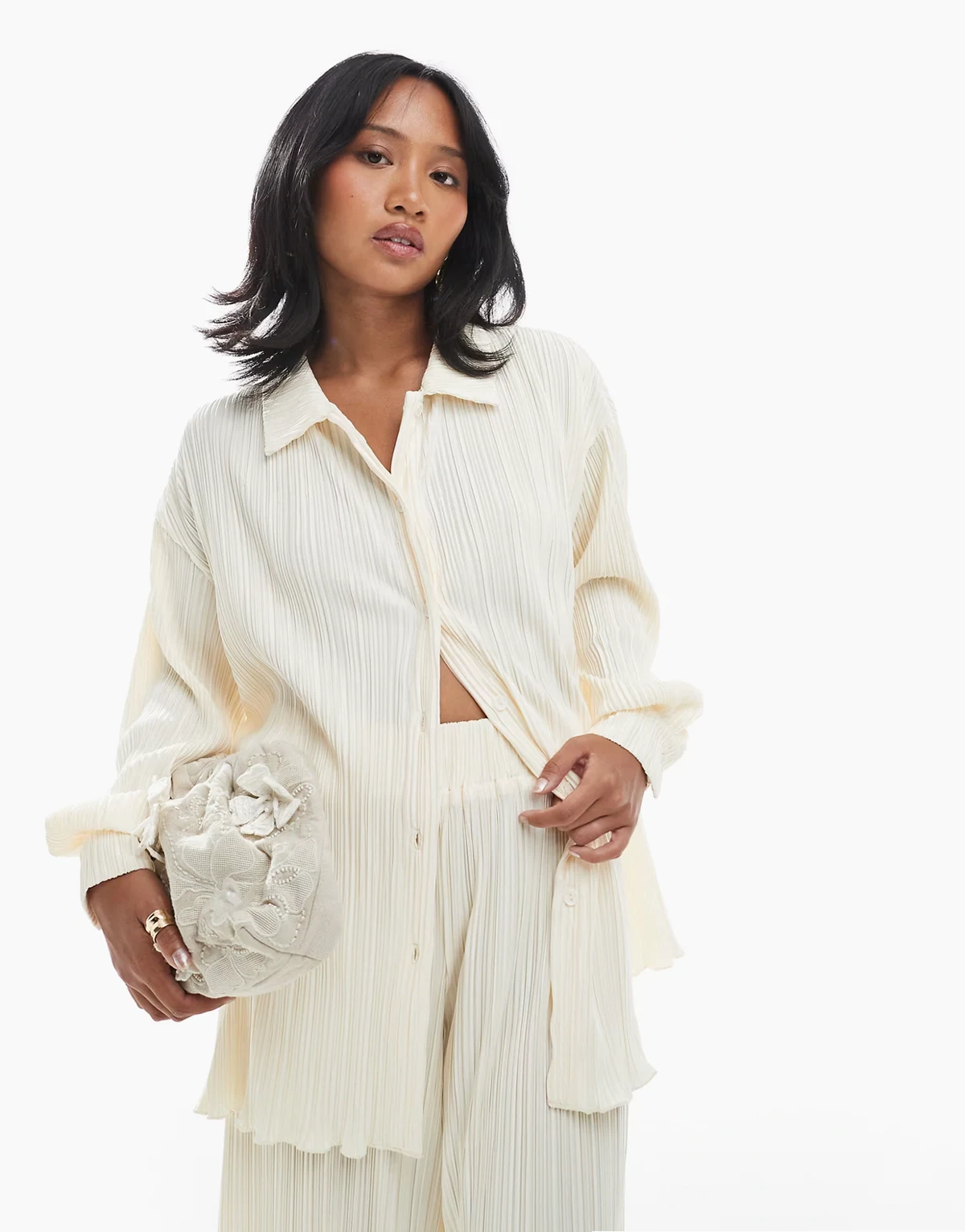 plisse collared button up lettuce-edge hem shirt in cream - part of a set