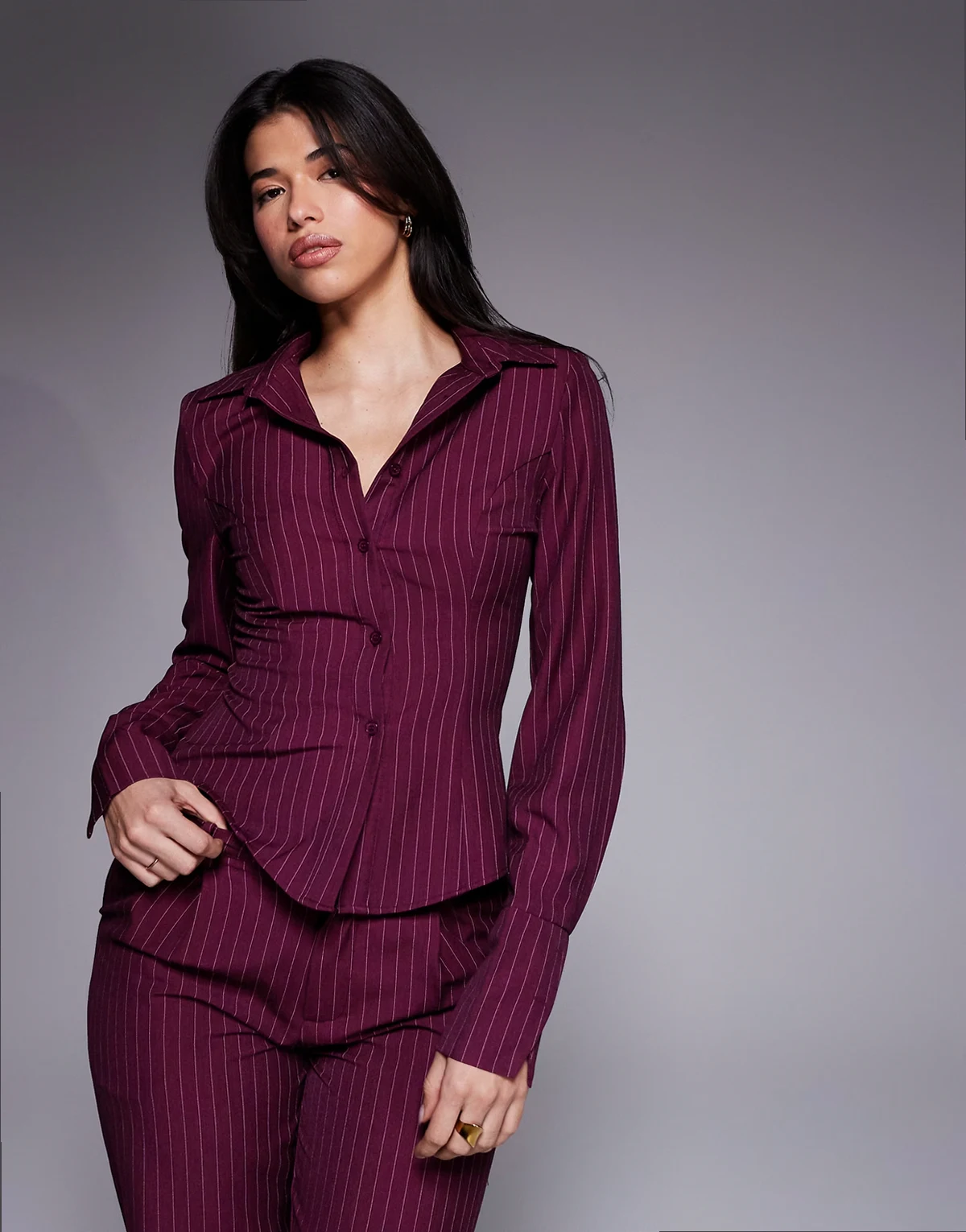exclusive button front fitted shirt in burgundy pinstripe - part of a set
