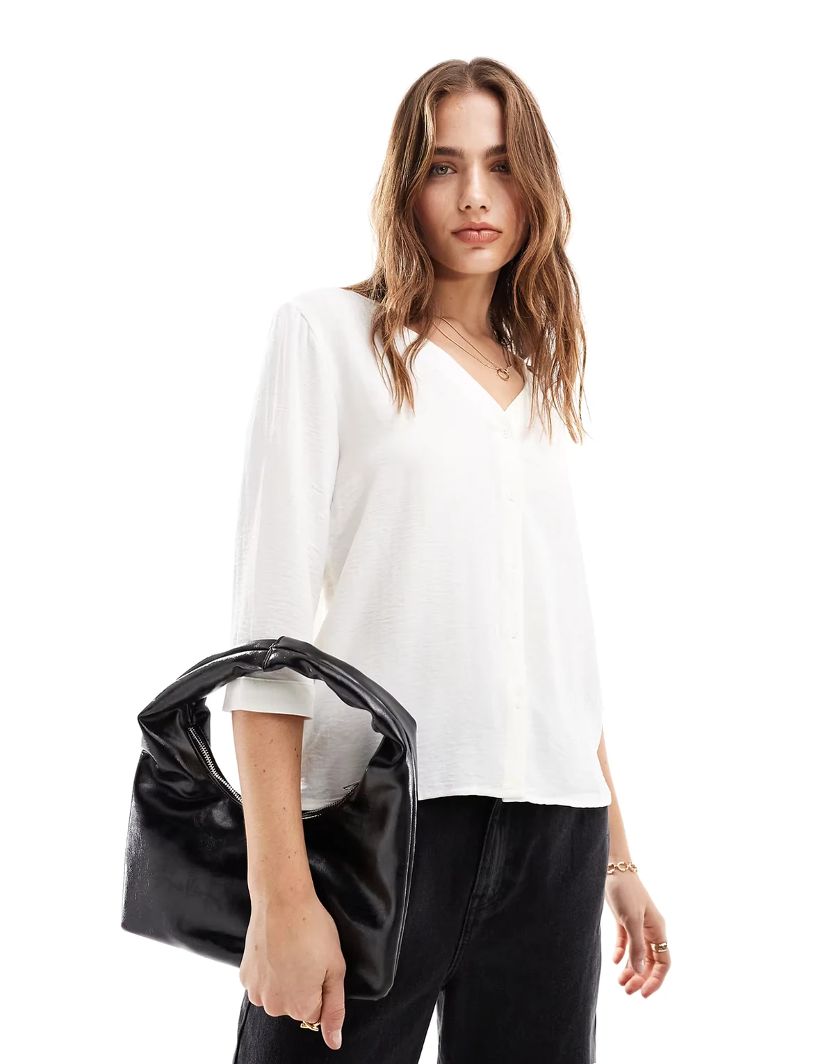 textured 3/4 sleeve shirt in off white