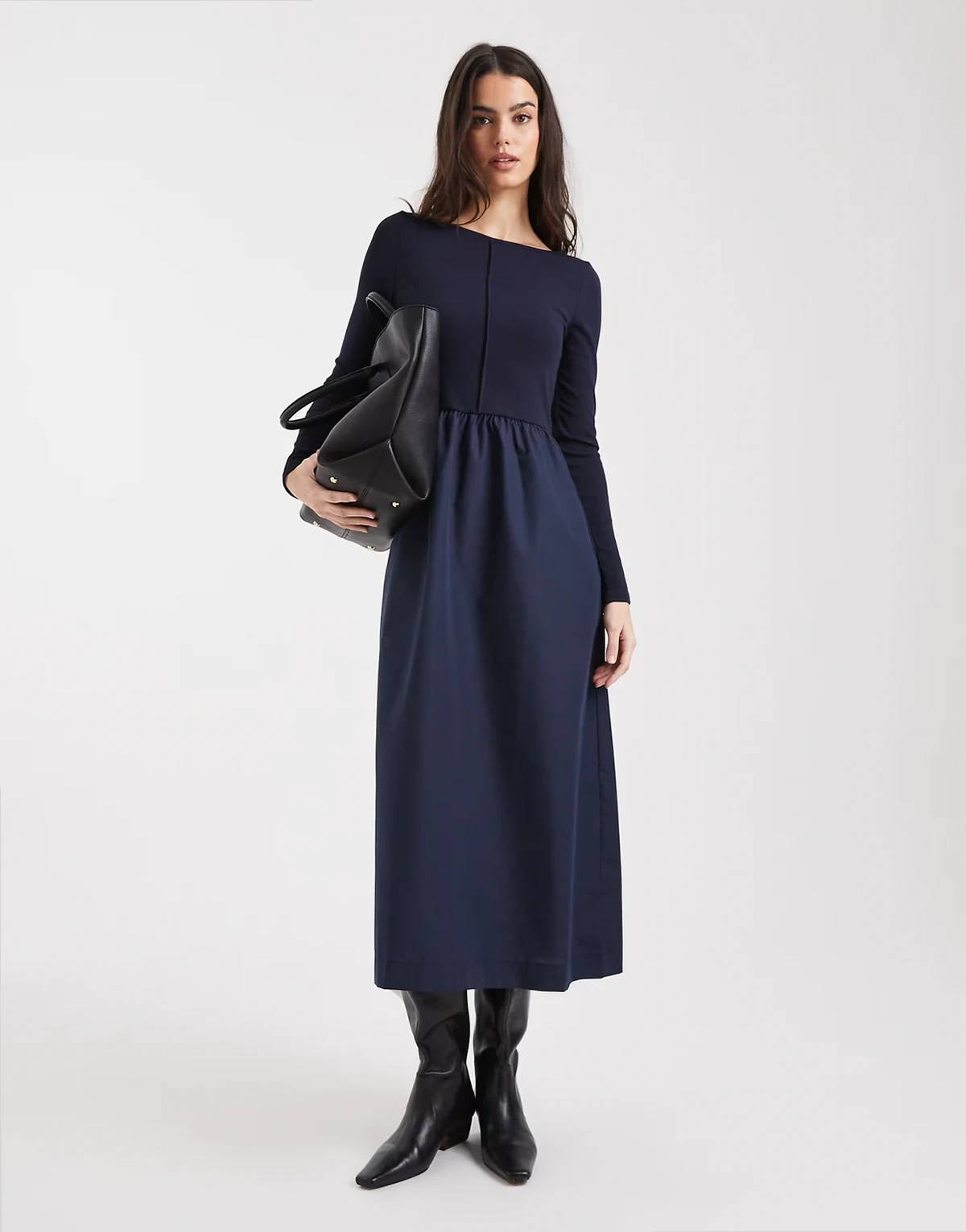 boat neck midi dress with seam detail in navy