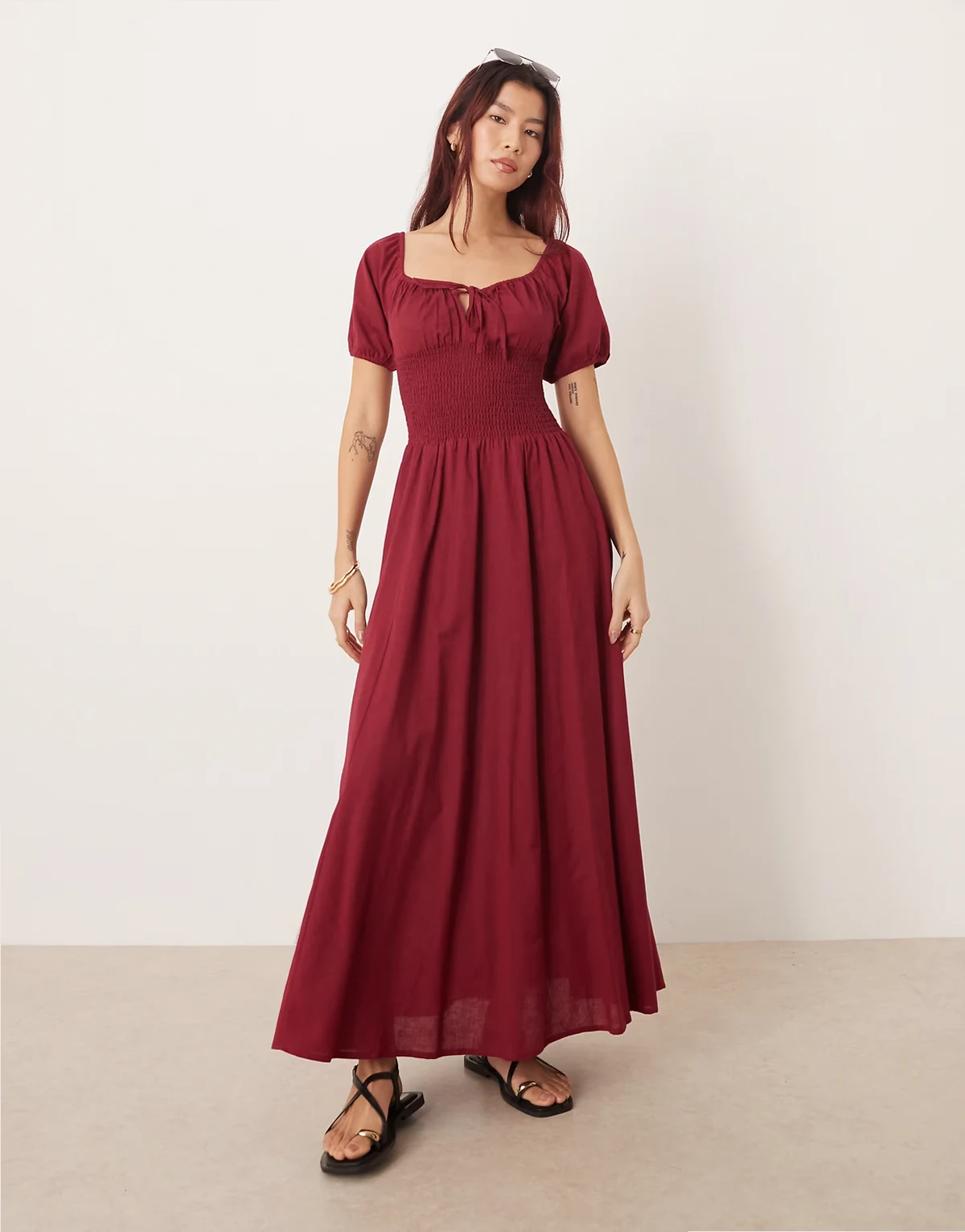 Esmee puff sleeve tie front maxi beach dress in cherry red