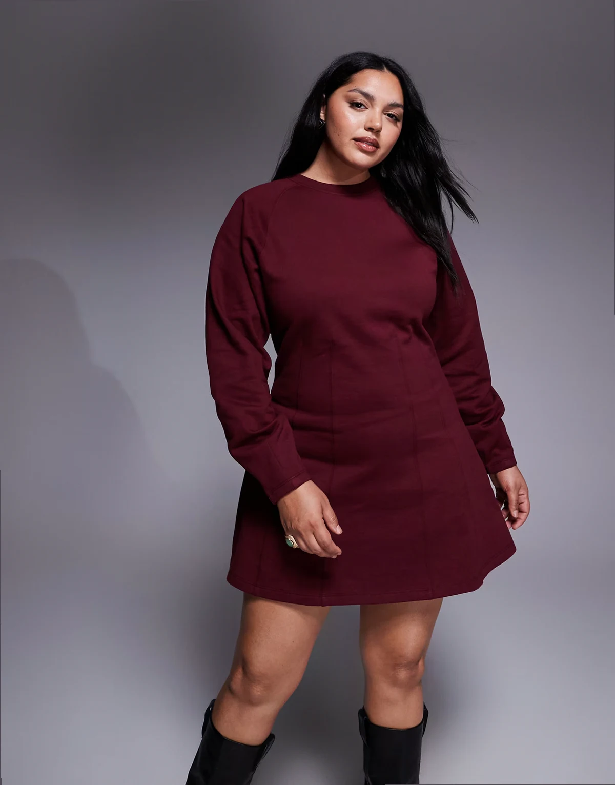 ASOS DESIGN Curve – Sweat-Minikleid aus Baumwolle mit Korsett-Taille in Burgunderrot