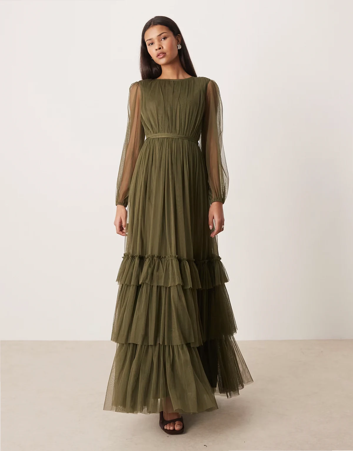 crew neck sheer sleeve tiered maxi dress in deep olive