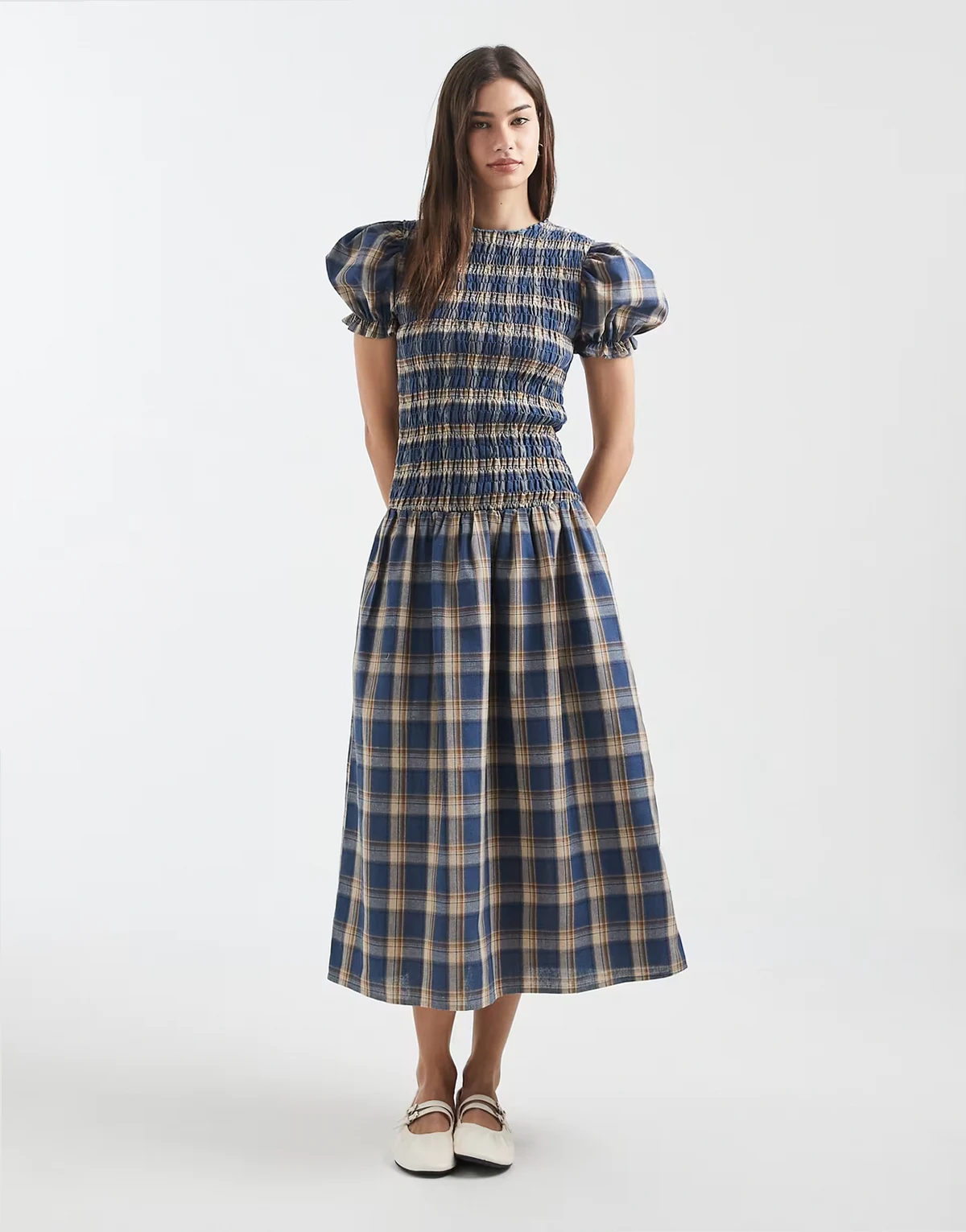 shirred drop waist maxi dress in blue plaid