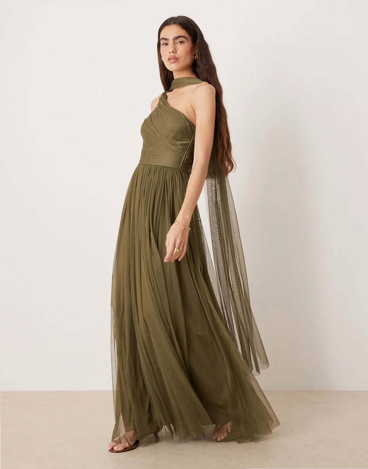 tulle one shoulder scarf neck maxi dress in deep olive