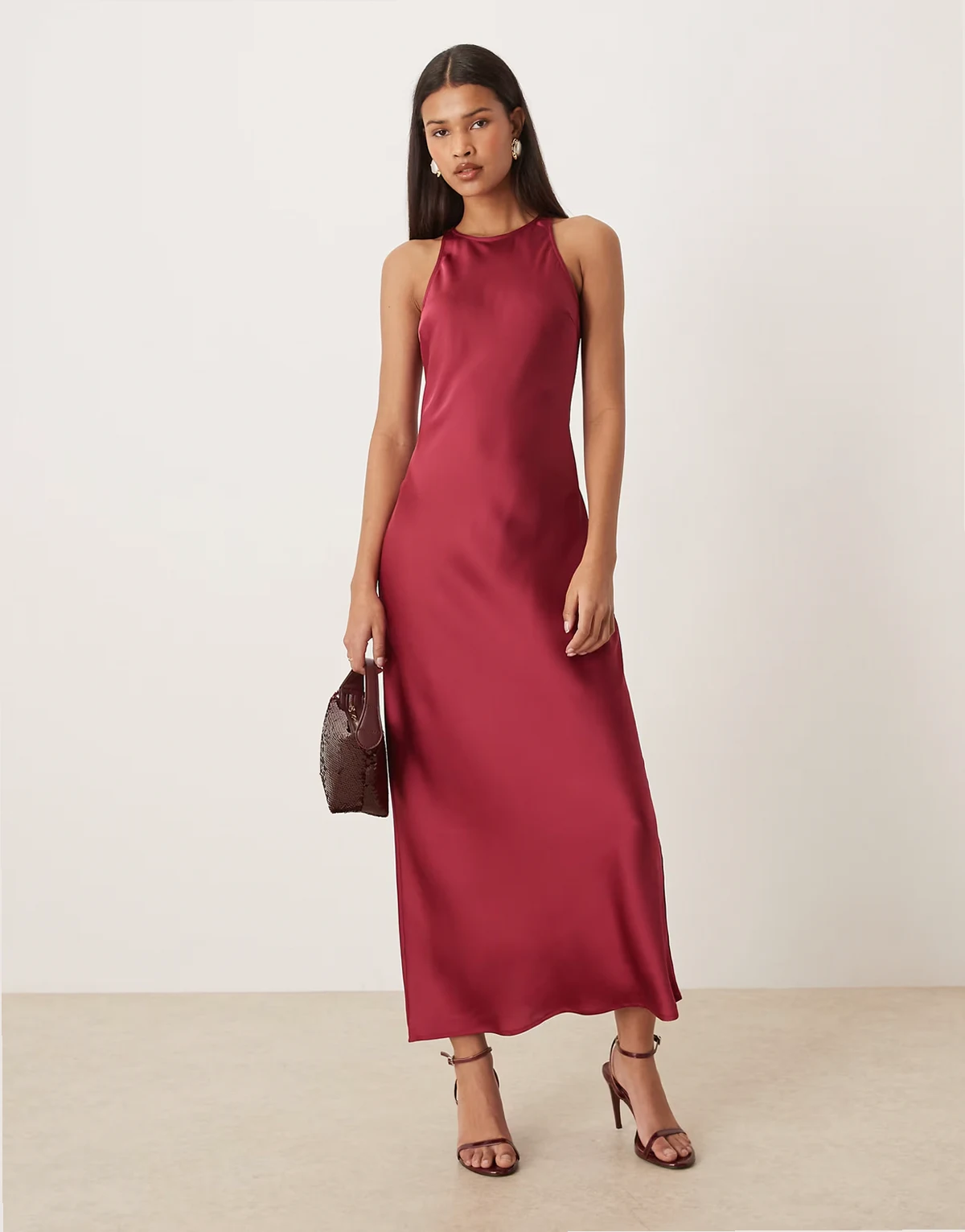 racer neck satin midaxi dress in burgundy