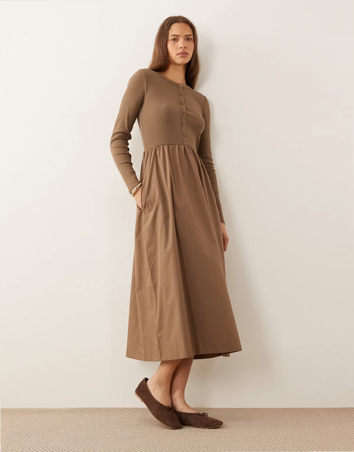 jersey poplin mix midi dress with button up top in mocha