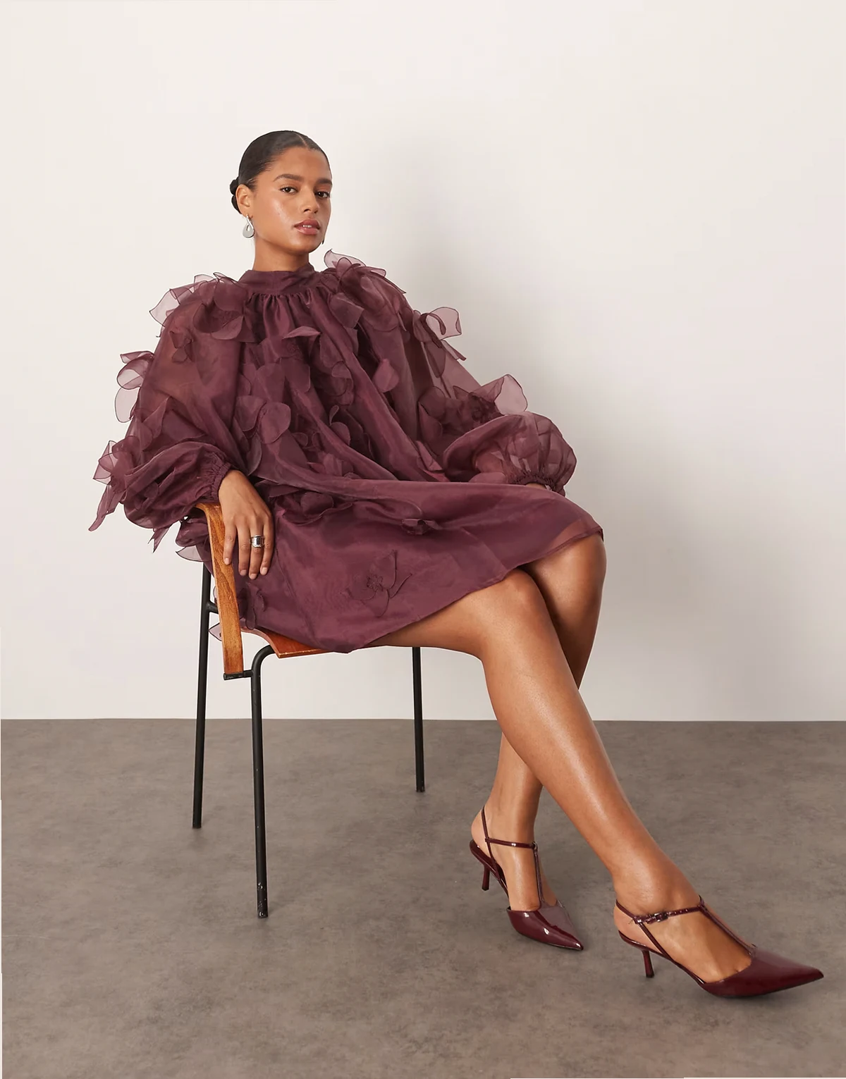 Curve exclusive applique organza floral high neck trapeze mini dress in plum