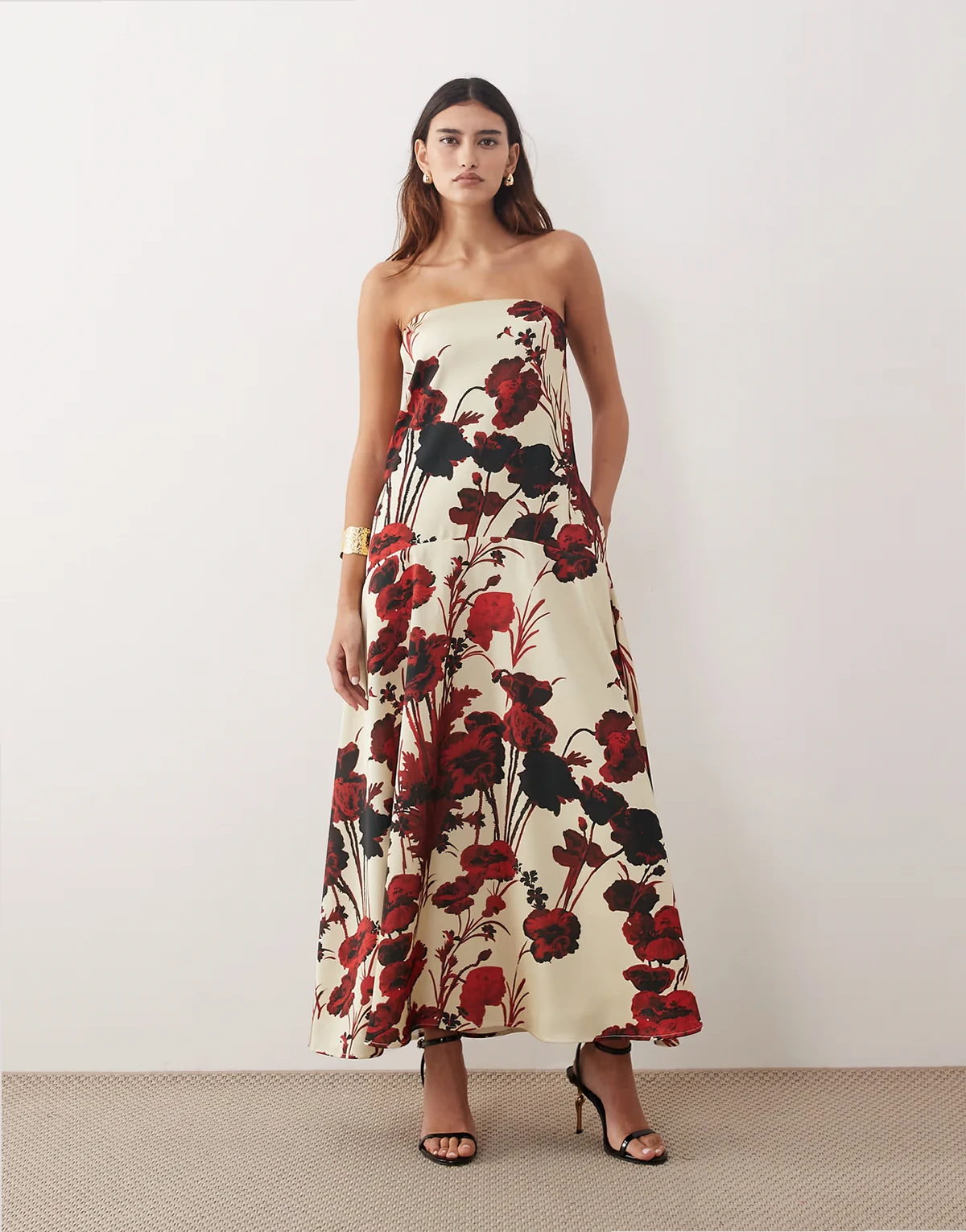 strapless satin trapeze maxi dress in rose floral print