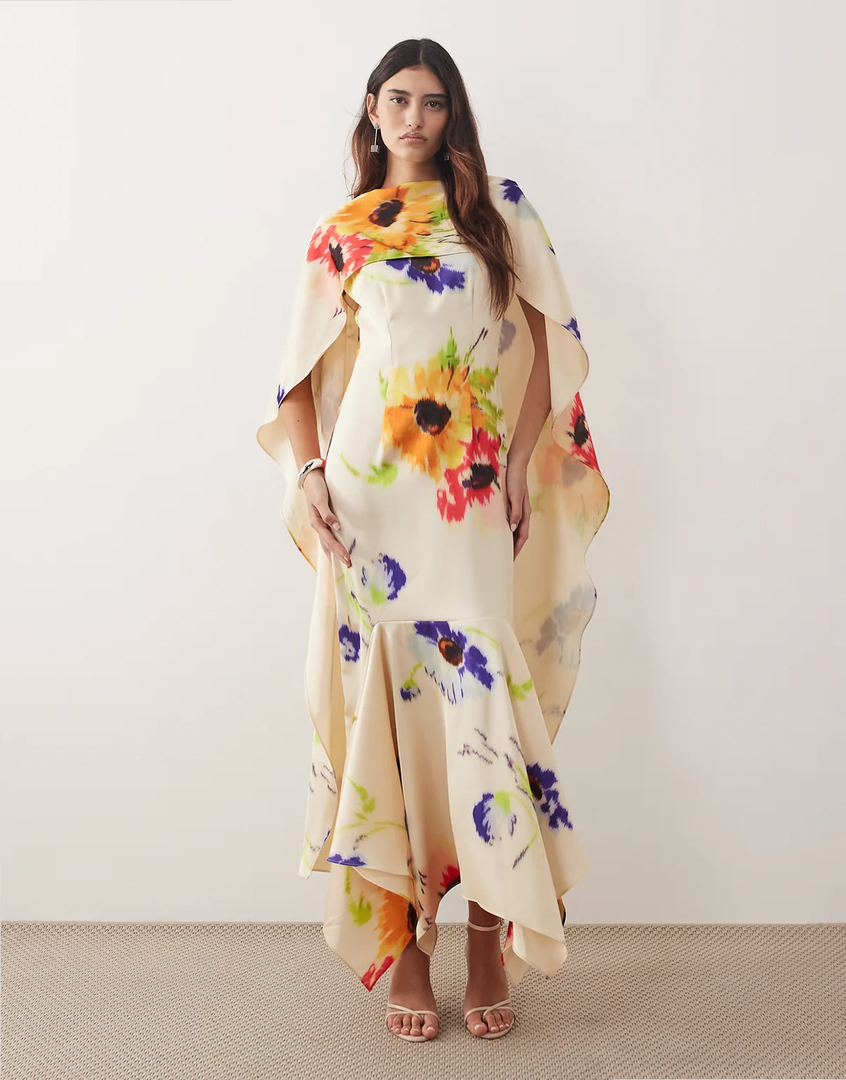 scarf neck maxi dress with square cut hem in blurred floral print