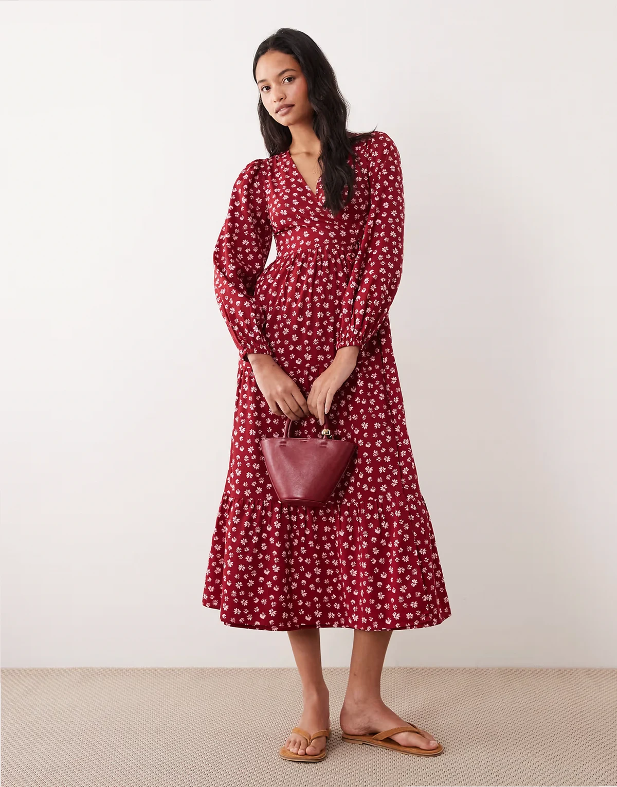 long sleeve wrap midaxi dress in burgundy floral