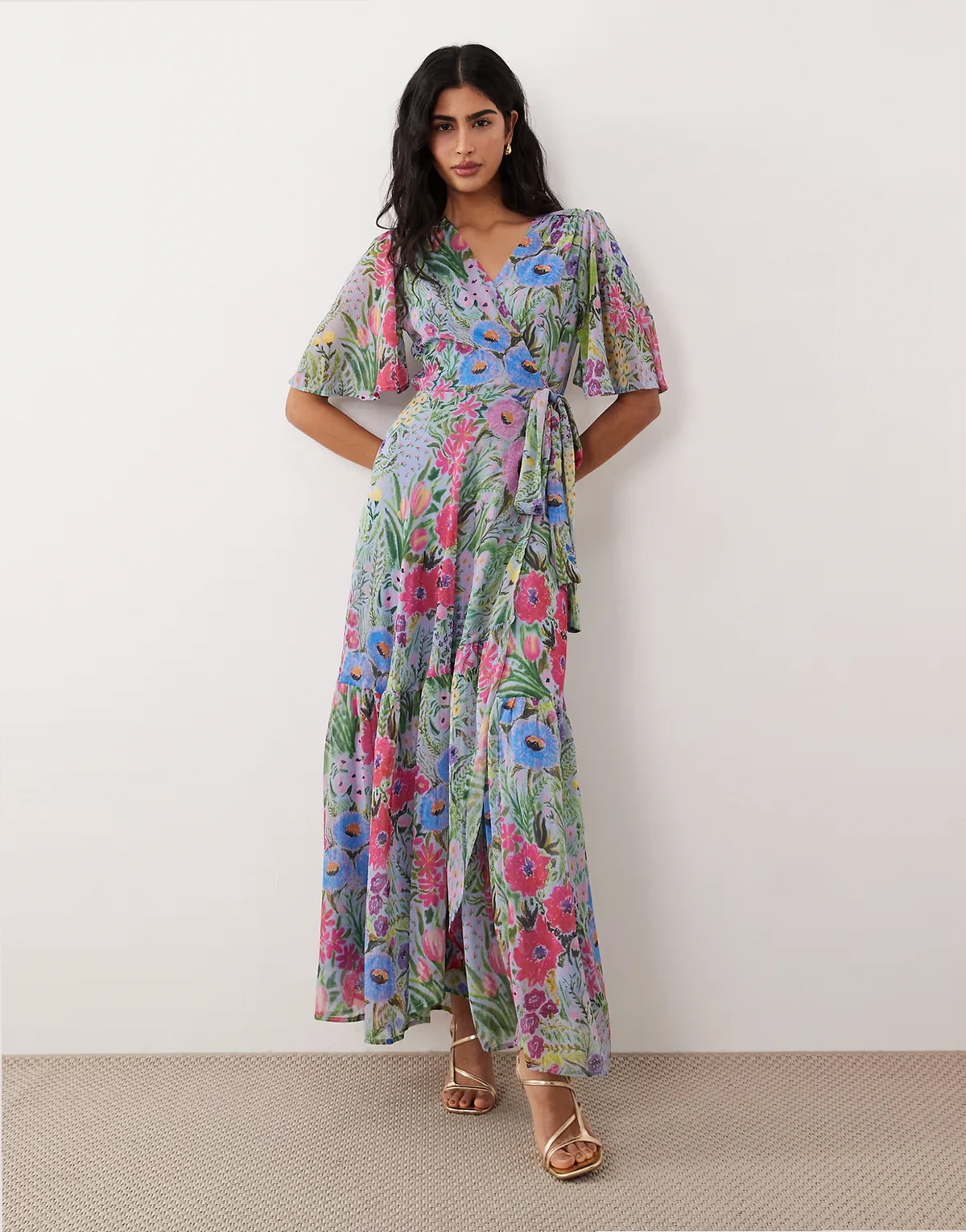 flutter sleeves wrap skirt tie waist maxi dress in lilac floral print
