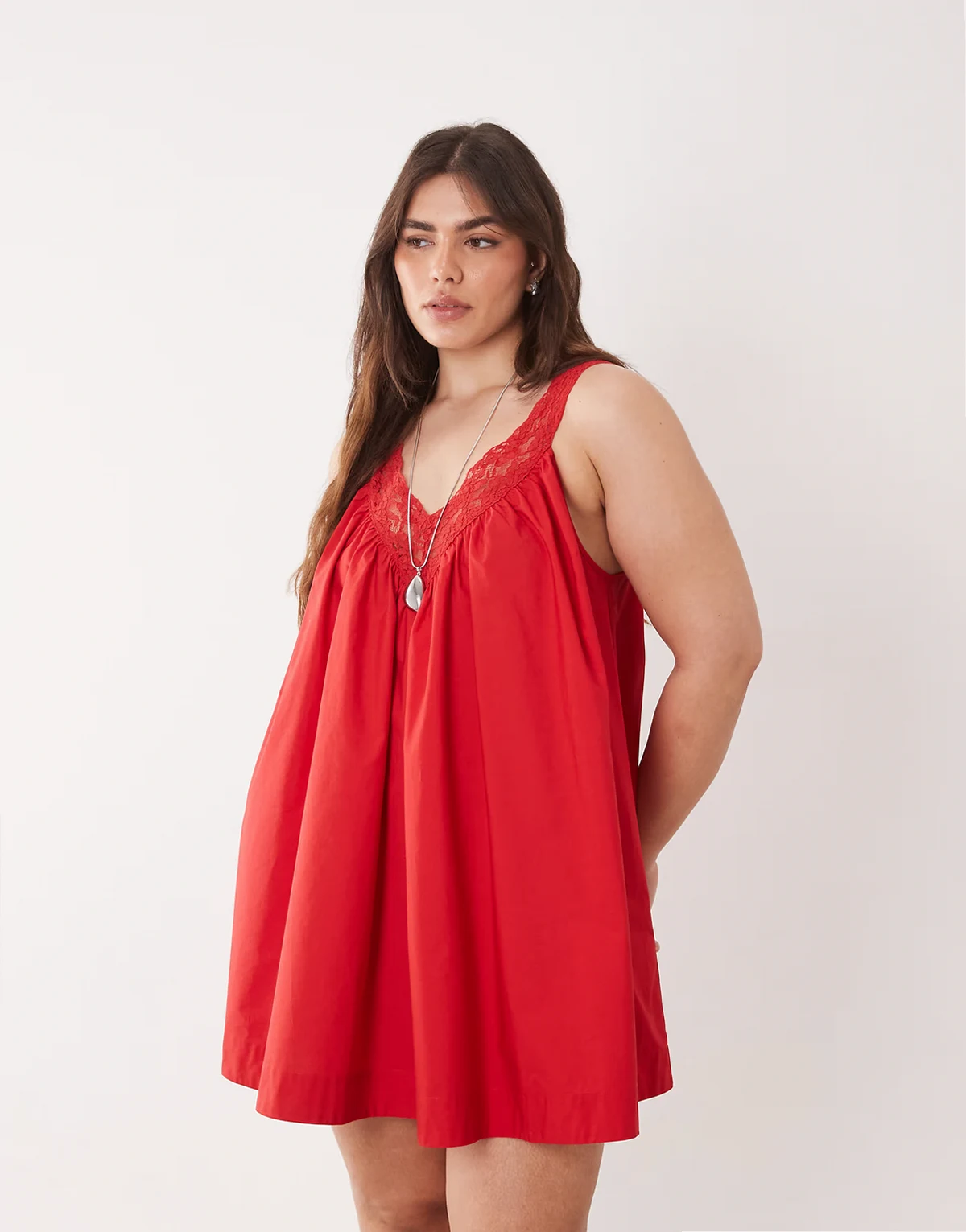 ASOS DESIGN Curve poplin v-neck mini smock sundress with lace overlay in tomato red