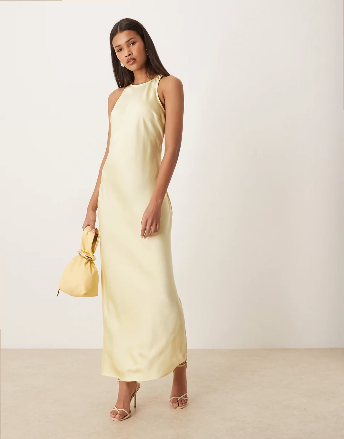 racer neck satin midaxi dress in pastel yellow