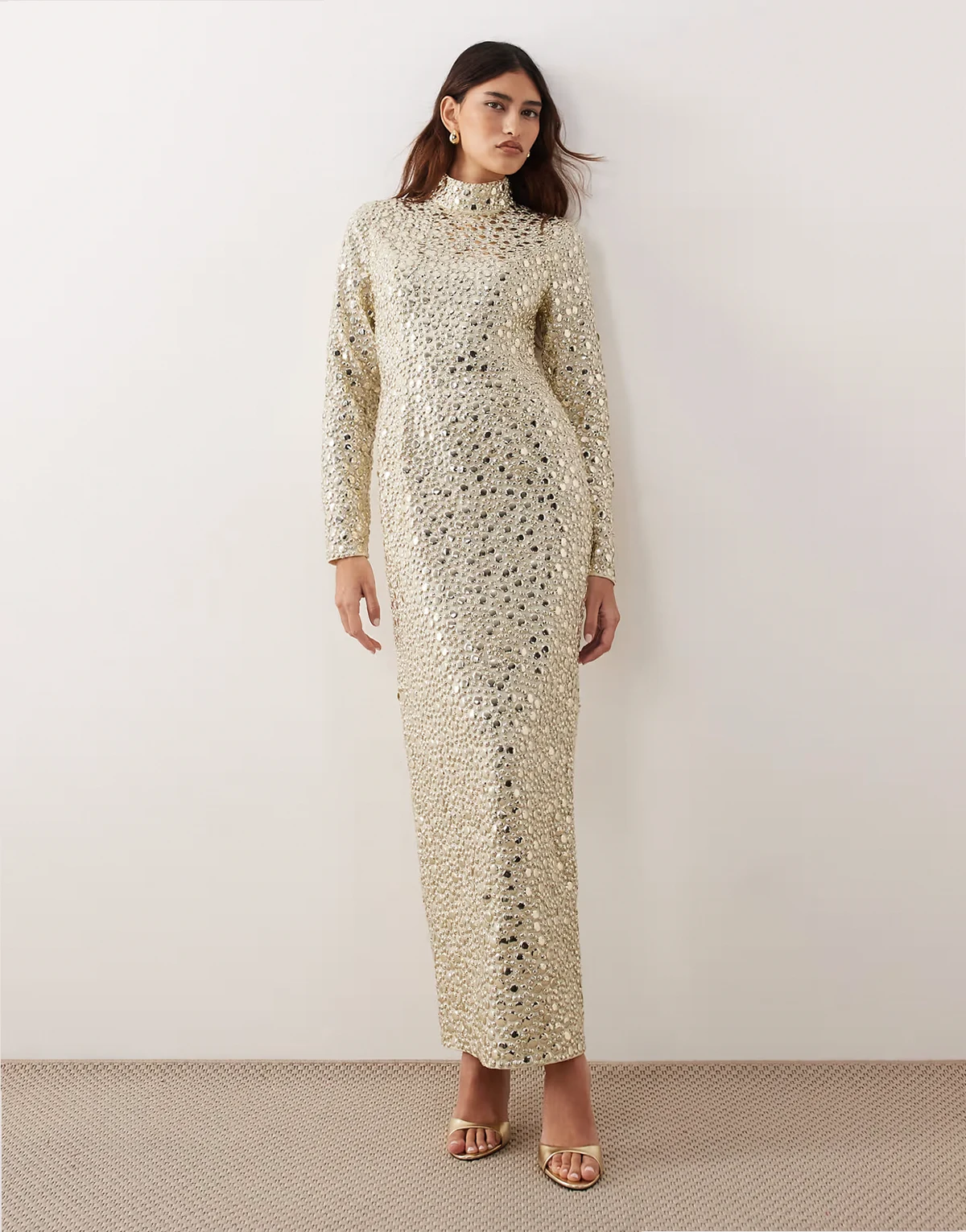 textural sequined high neck long sleeve maxi dress in buttermilk