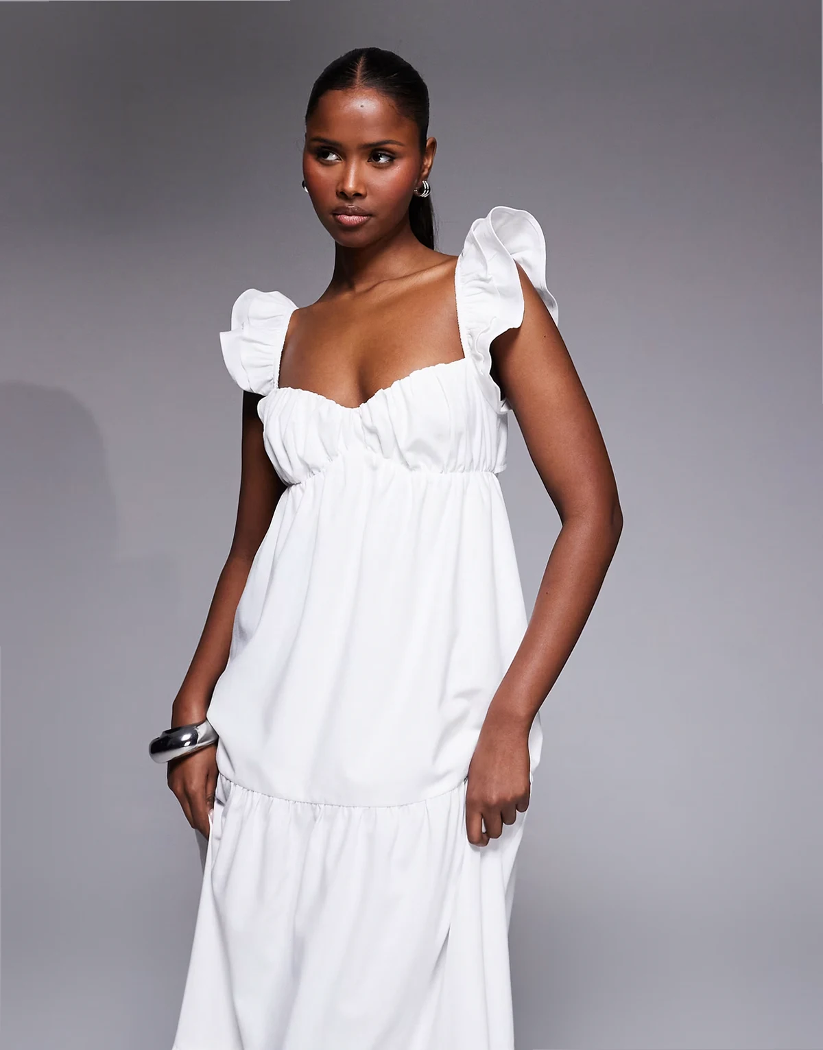 exclusive cotton blend frill detail tie back tiered maxi dress in white