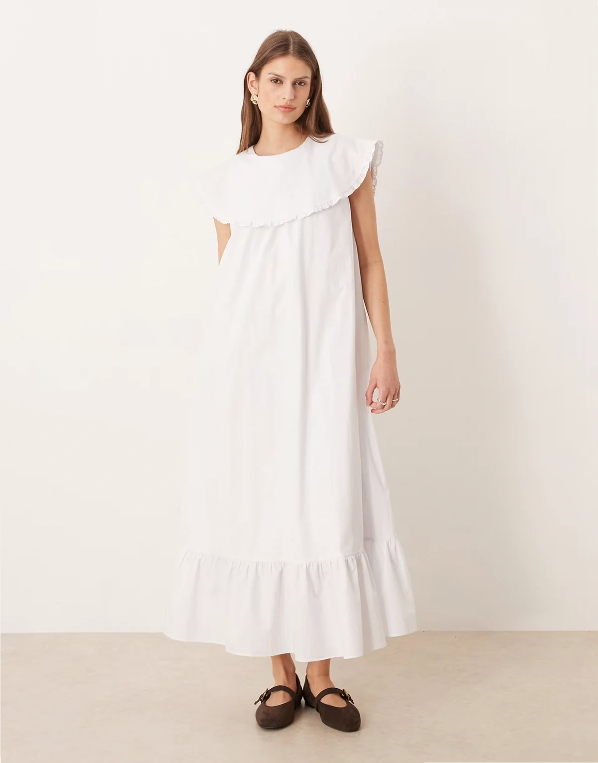 boho throw on ruffle detailing midaxi dress in white poplin
