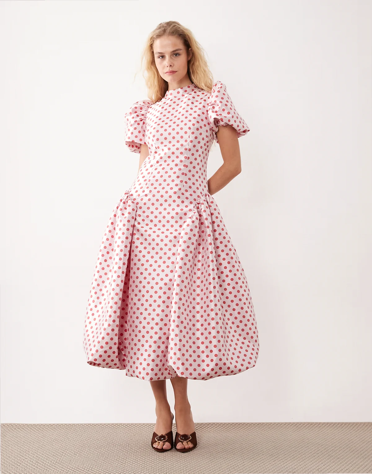 Dream Sister Jane polka dot jacquard puff sleeve bubble hem midi dress in pink
