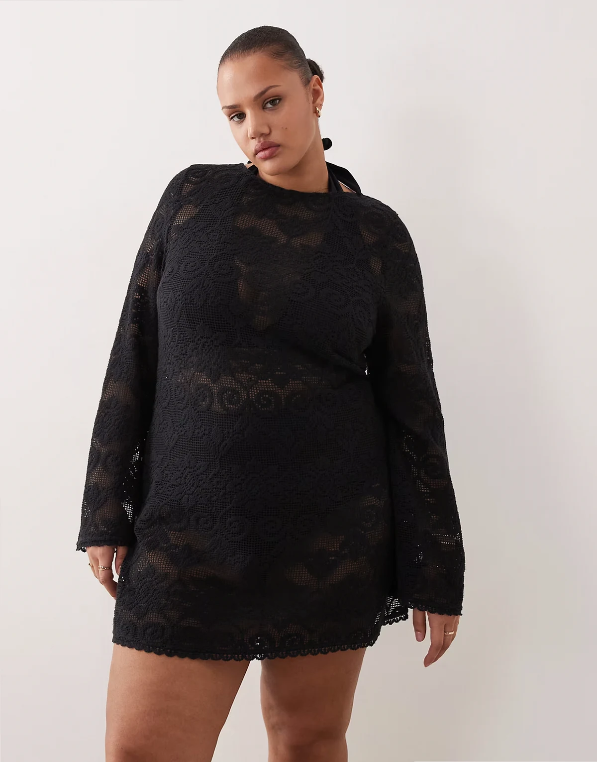 ASOS DESIGN Curve Minette beach crochet lace mini dress in black