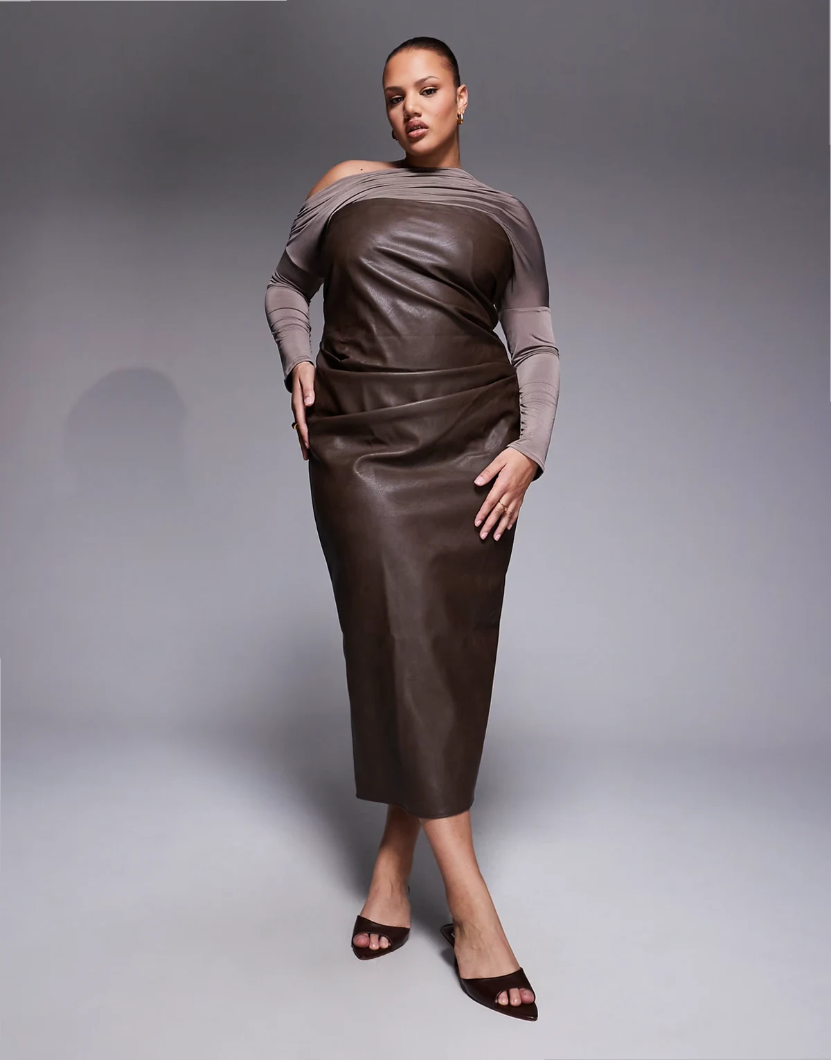 ASOS DESIGN Curve fallen shoulder PU bandeau midaxi dress in chocolate