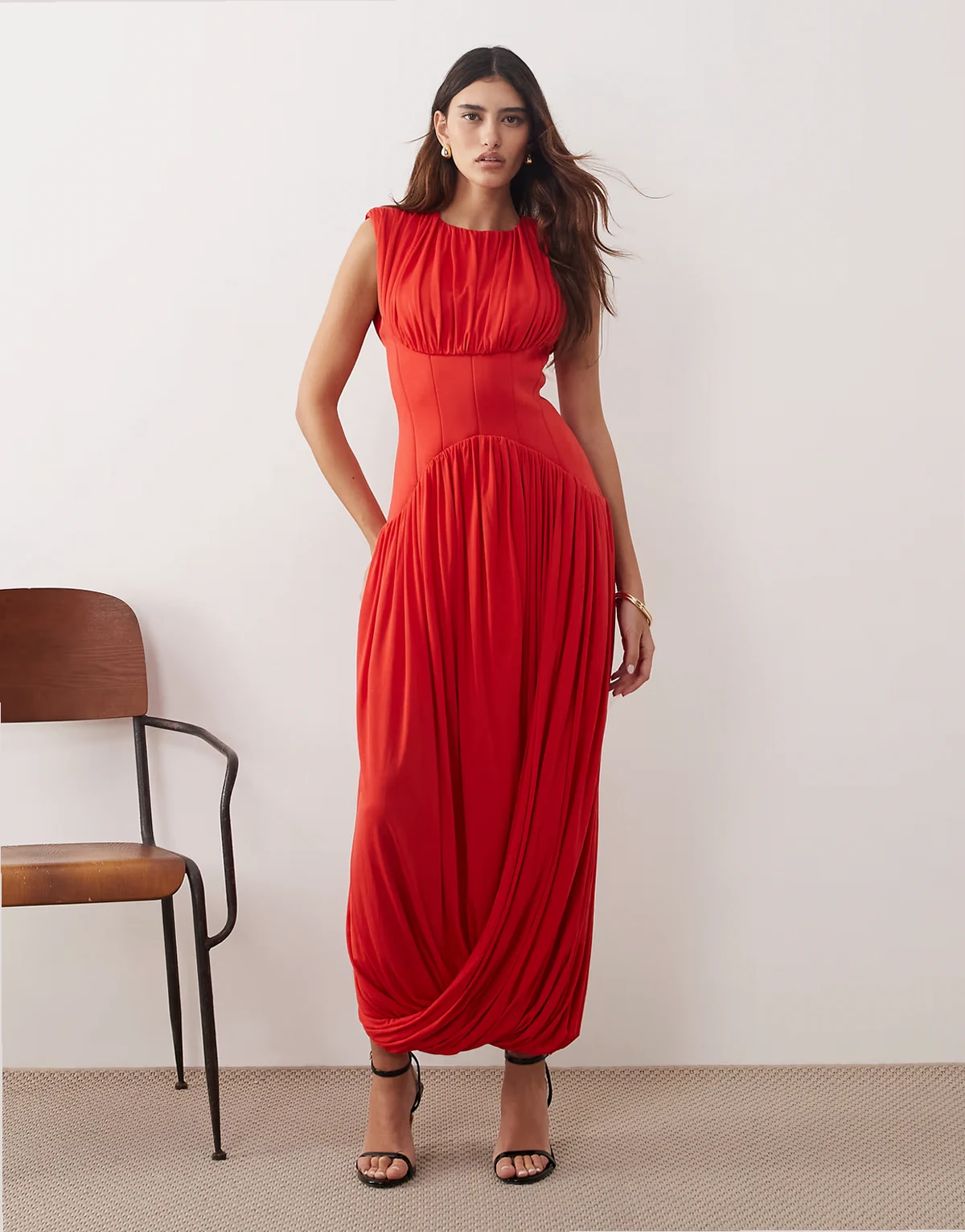 gathered draped maxi dress with cinched waist in red
