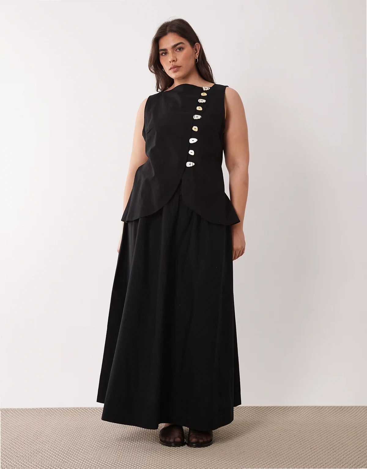 ASOS DESIGN Curve linen look vest maxi dress with poplin skirt in black